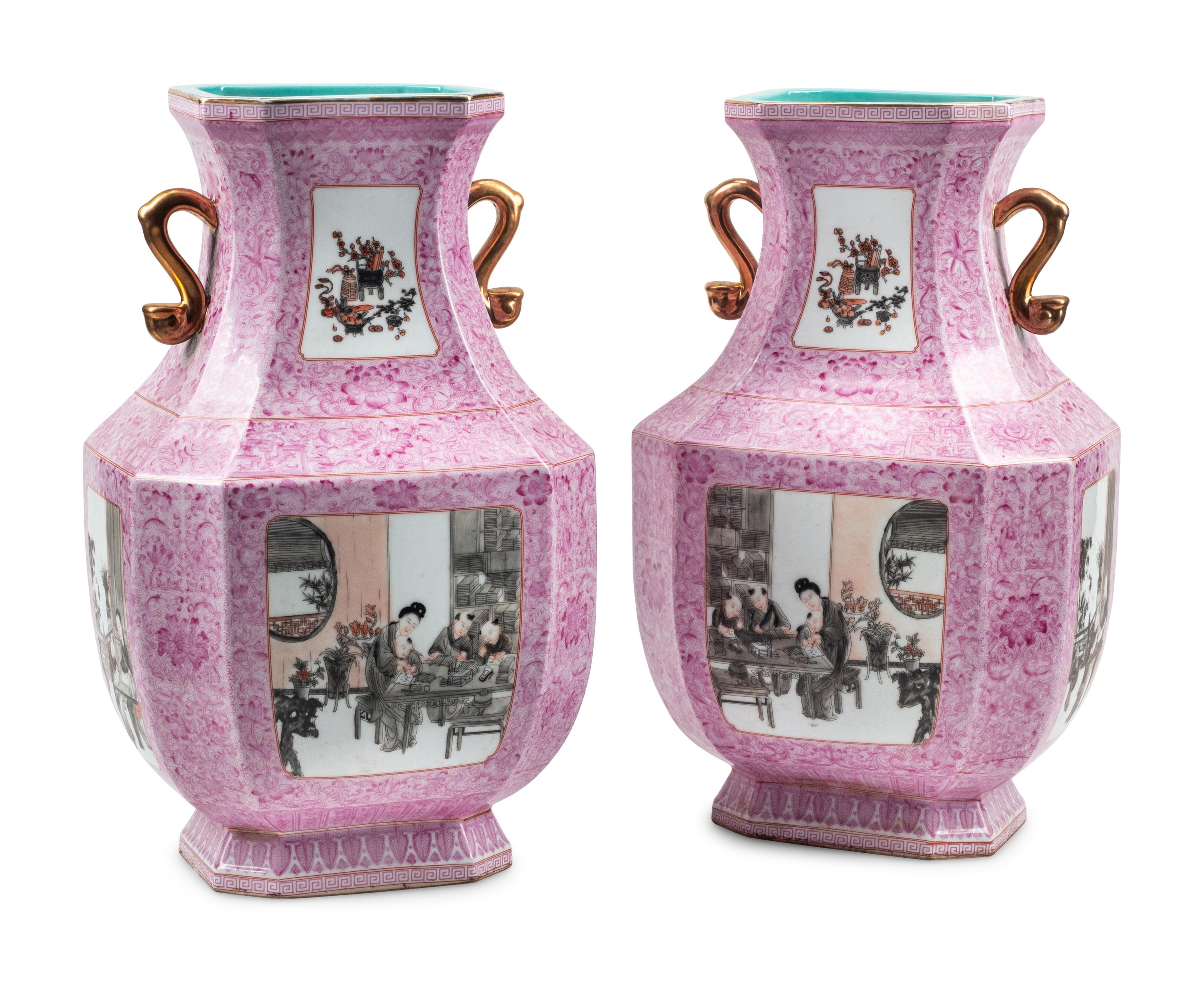 A Pair of Chinese Pink-Ground Porcelain and Grisaille Enamel Vases