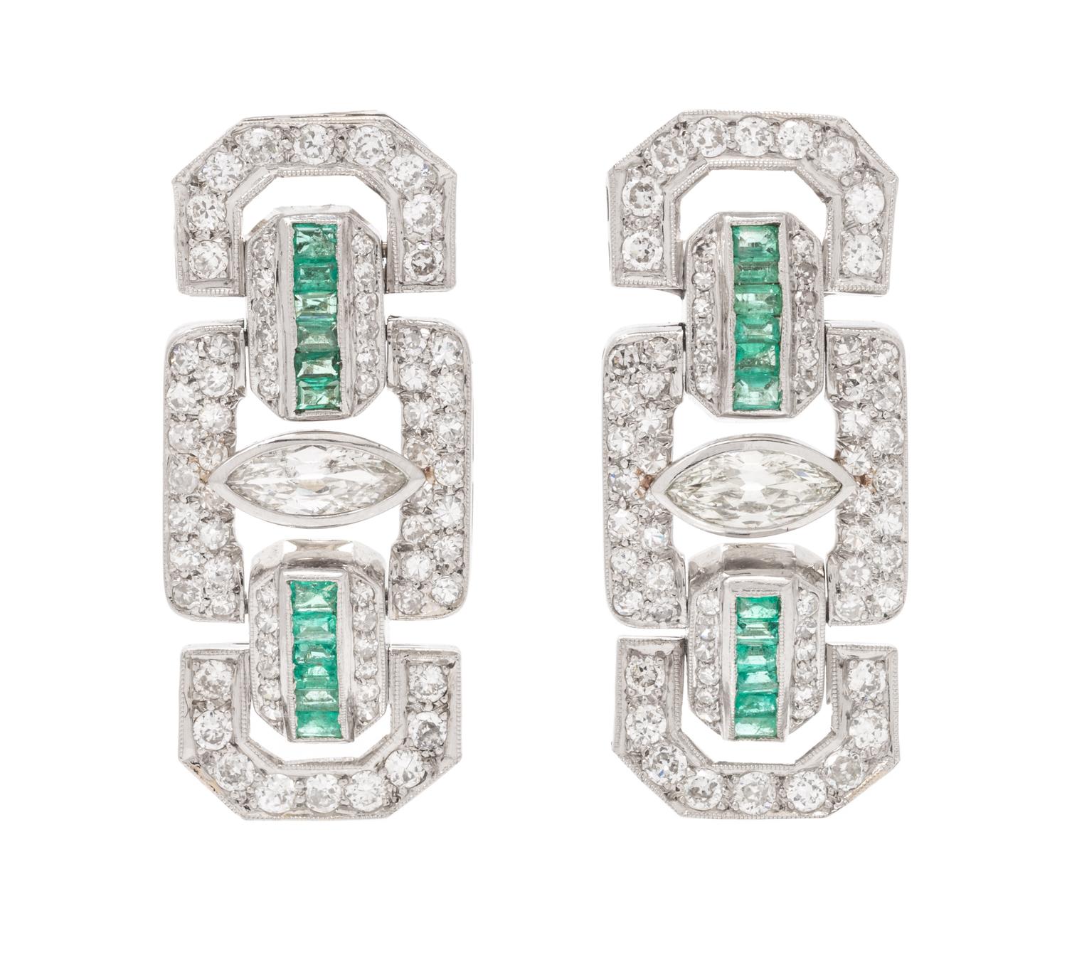 A Pair of Platinum, Emerald and Diamond Earclips, 15.60 dwts.