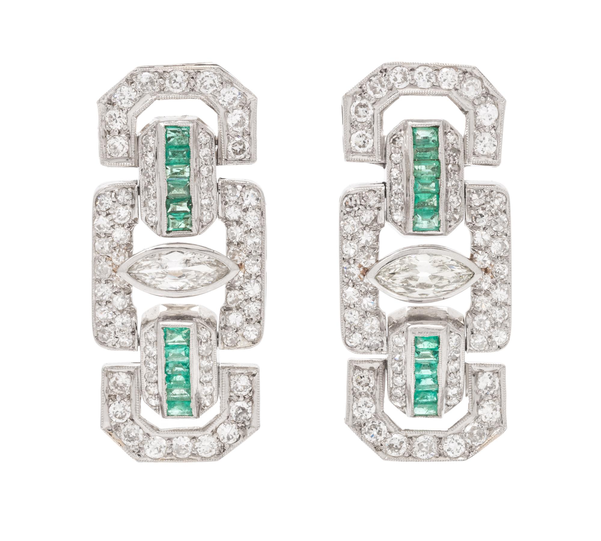 A Pair of Platinum, Emerald and Diamond Earclips, 15.60 dwts.