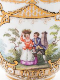 Three Meissen Painted and Parcel Gilt Porcelain Cup and Saucer Sets, a Covered Cup and Two Spoons