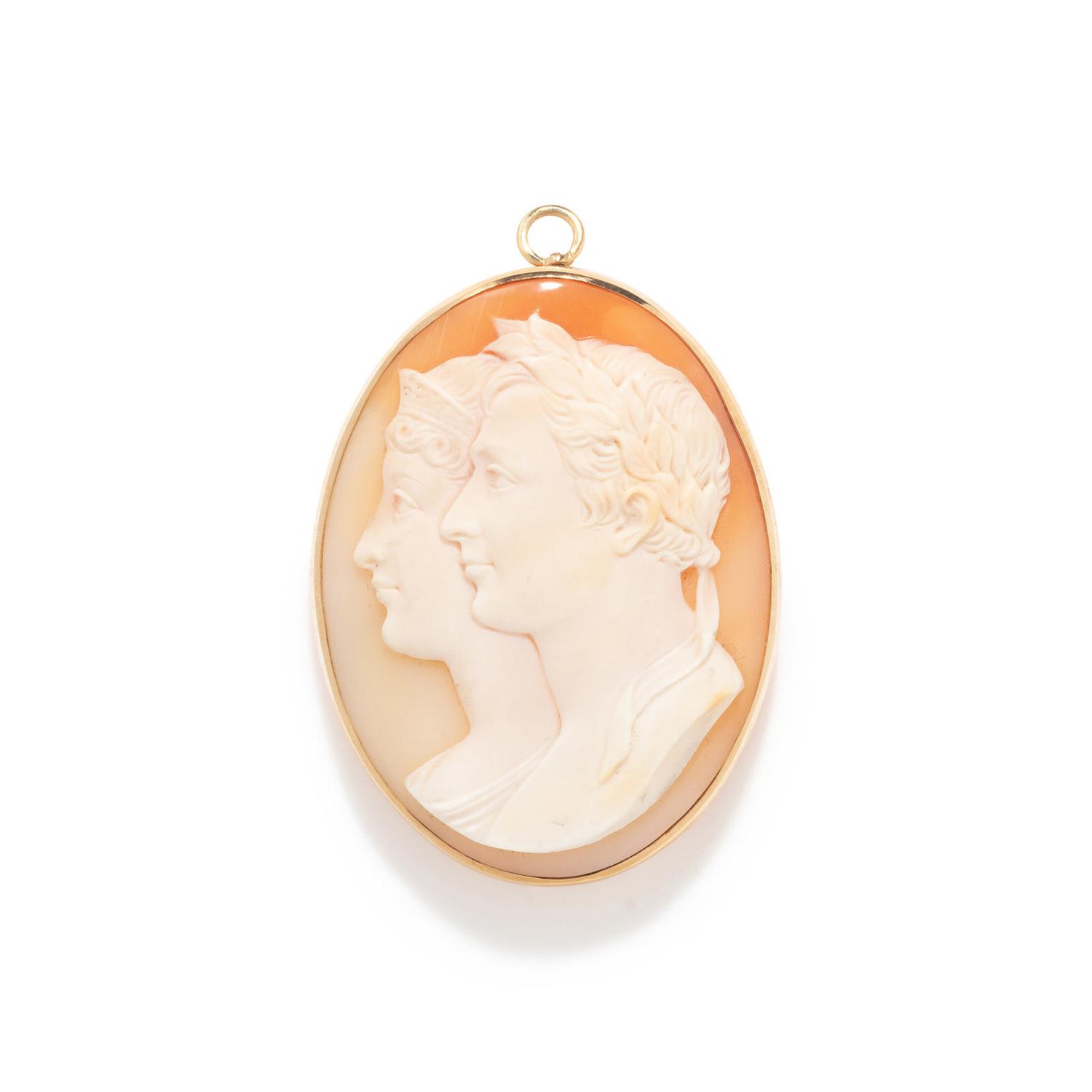 A Neoclassical Shell Cameo Pendant Brooch with a Double Portrait of Napoleon and Marie Louise