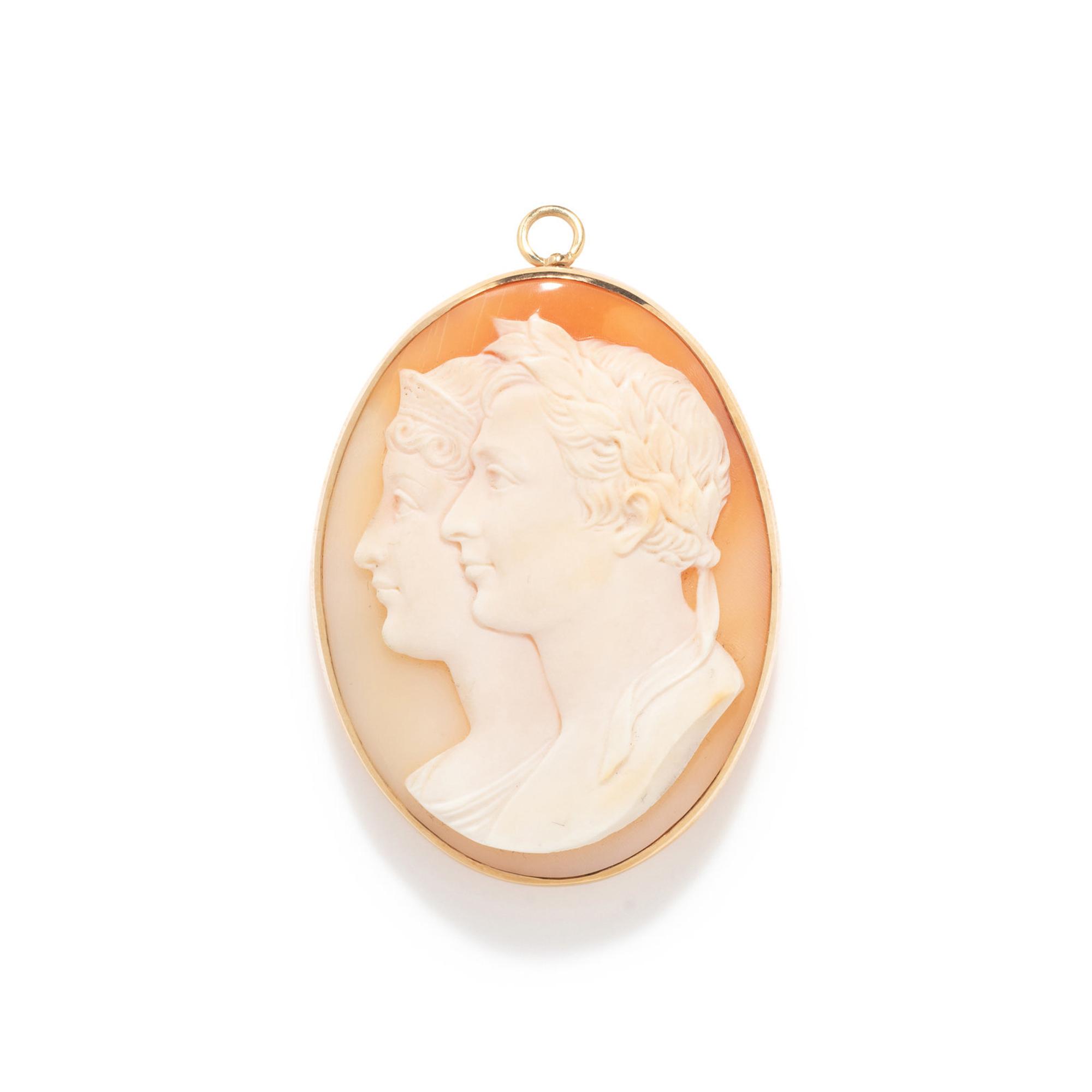 A Neoclassical Shell Cameo Pendant Brooch with a Double Portrait of Napoleon and Marie Louise