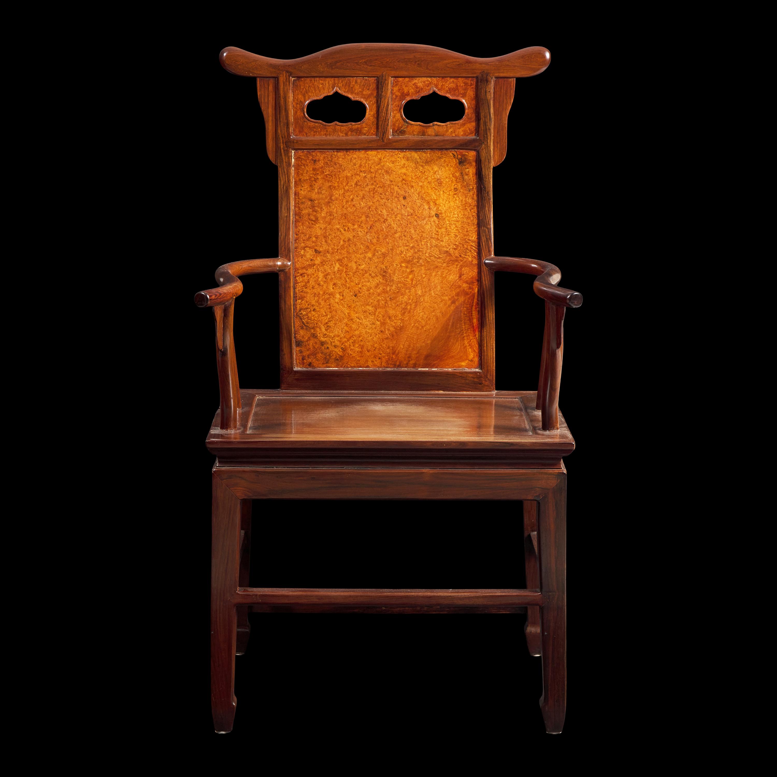 A Chinese Hardwood and Huamu Armchair, Fushouyi, Late 19th to 20th Century 晚清民國 硬木拼樺木扶手椅