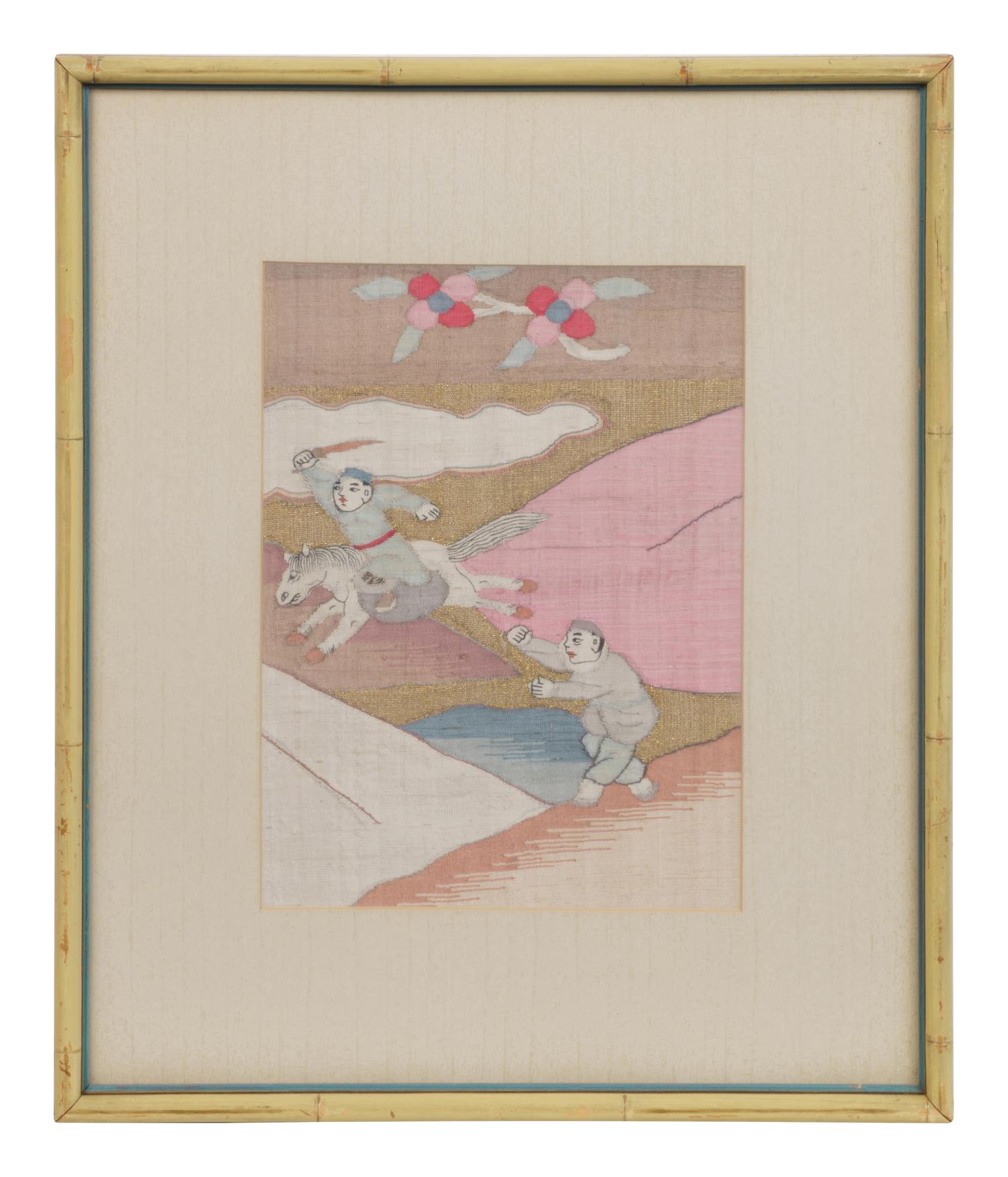 Four Cream Ground Kesi Woven and Painted Silk Panels