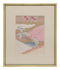 Four Cream Ground Kesi Woven and Painted Silk Panels