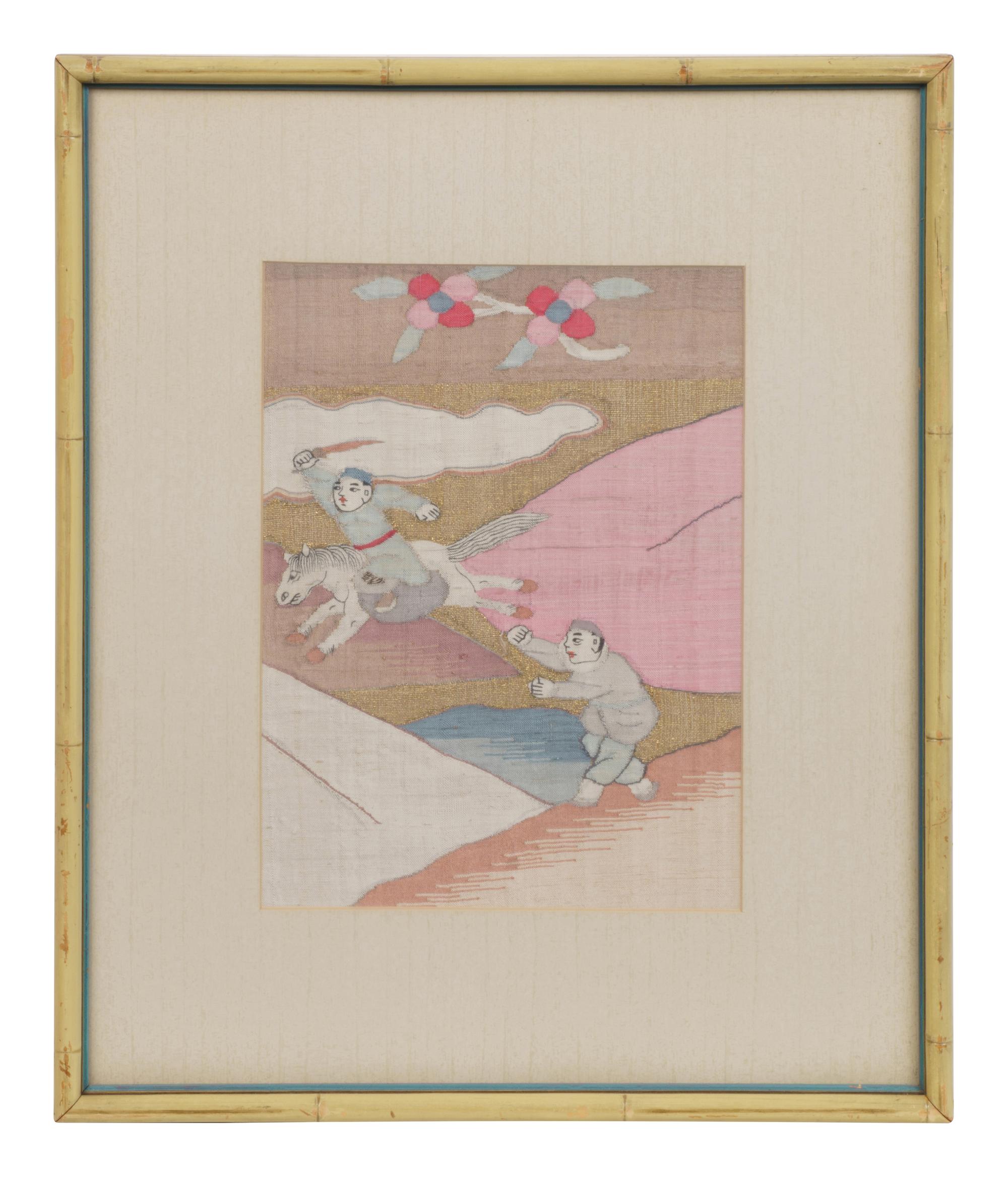 Four Cream Ground Kesi Woven and Painted Silk Panels