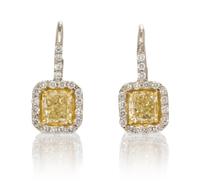 A Pair of Platinum, Yellow Gold, Fancy Color Diamond and Diamond Earrings, 2.60 dwts.