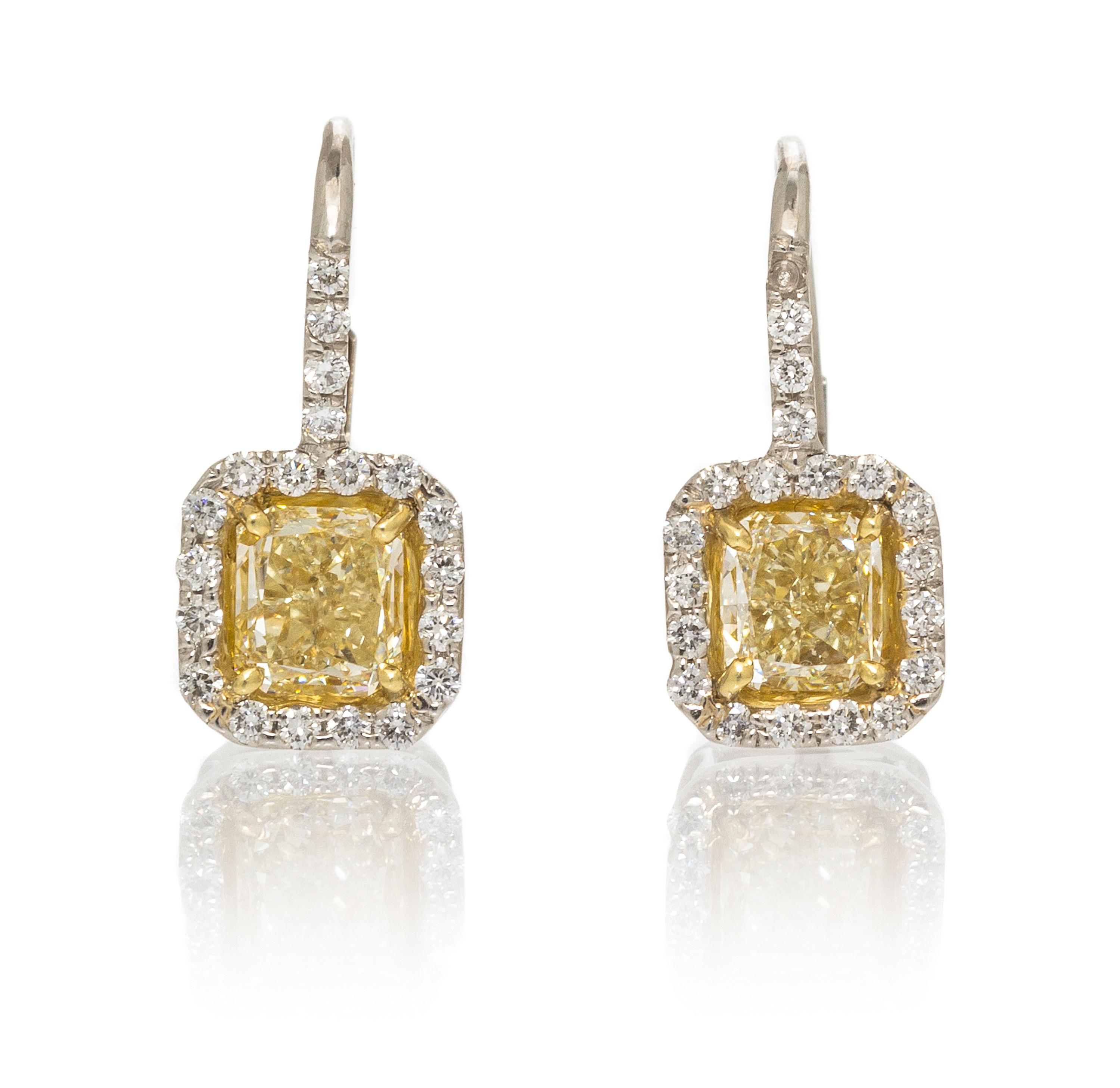 A Pair of Platinum, Yellow Gold, Fancy Color Diamond and Diamond Earrings, 2.60 dwts.