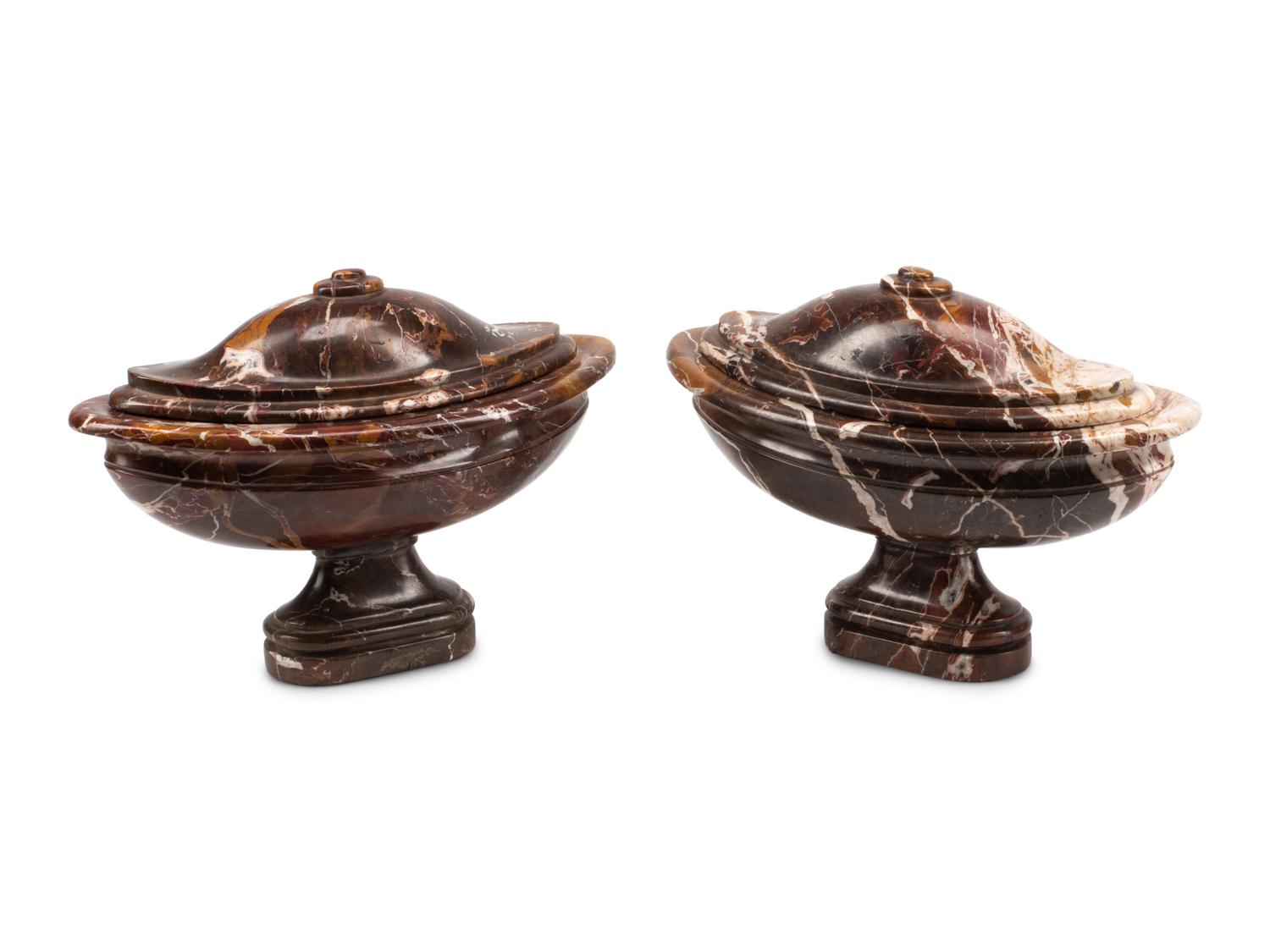 A Pair of Italian Carved Marble Footed Bowls and Covers