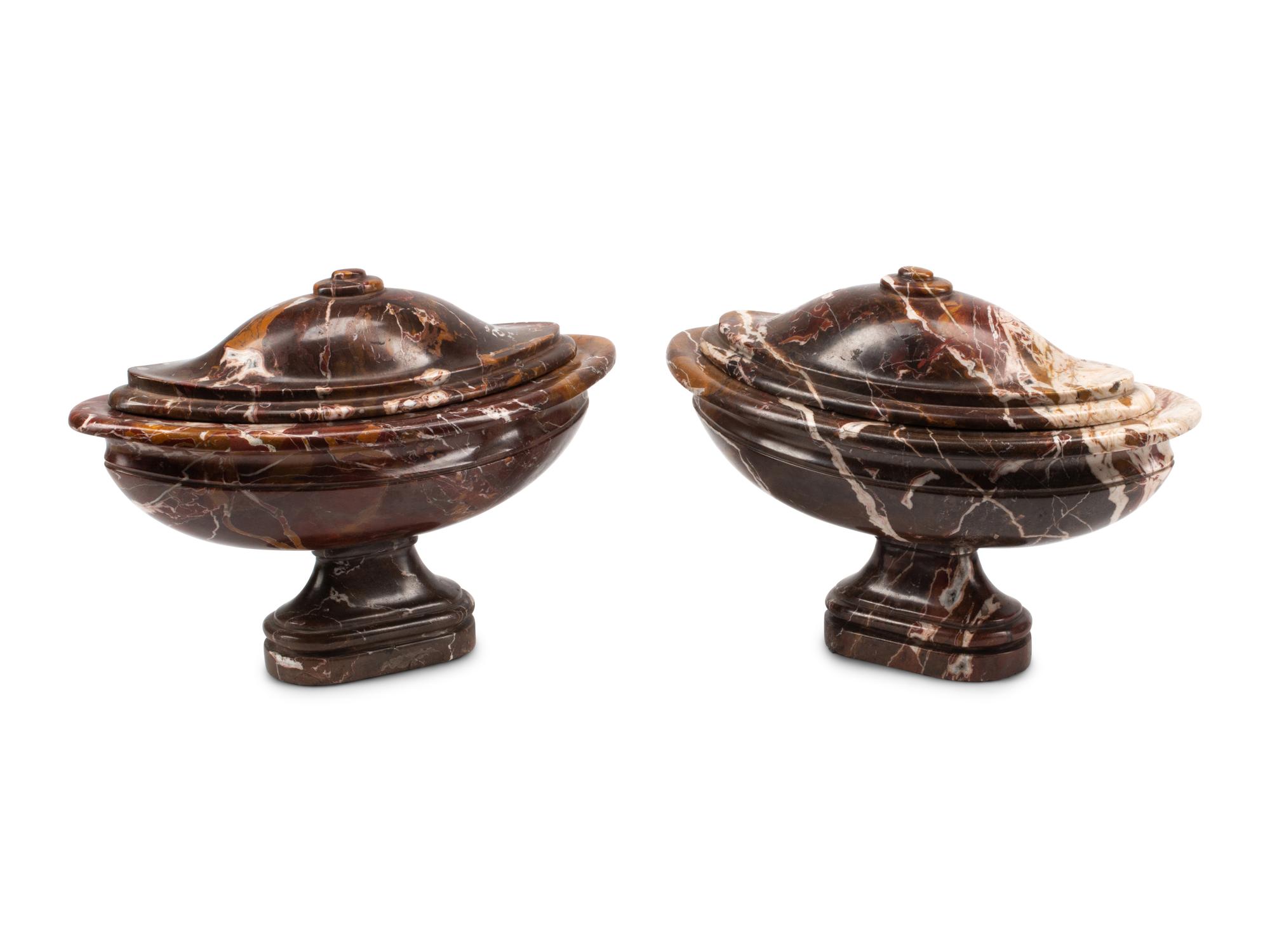 A Pair of Italian Carved Marble Footed Bowls and Covers