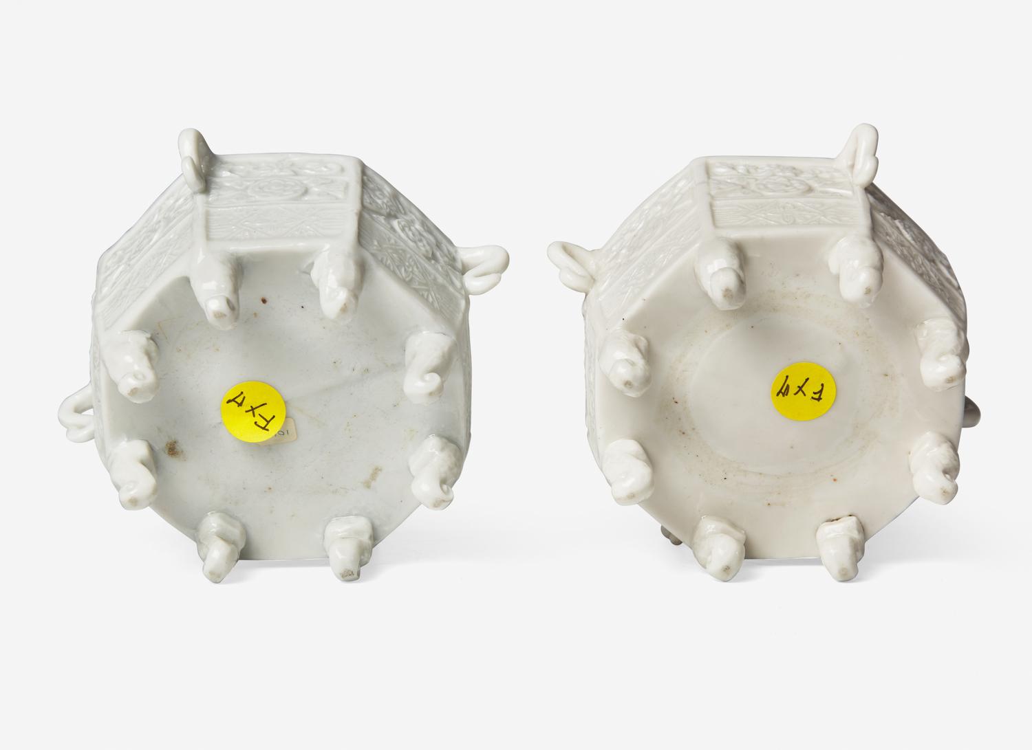 A Pair of Chinese Dehua Porcelain "Marco Polo" Covered Censers