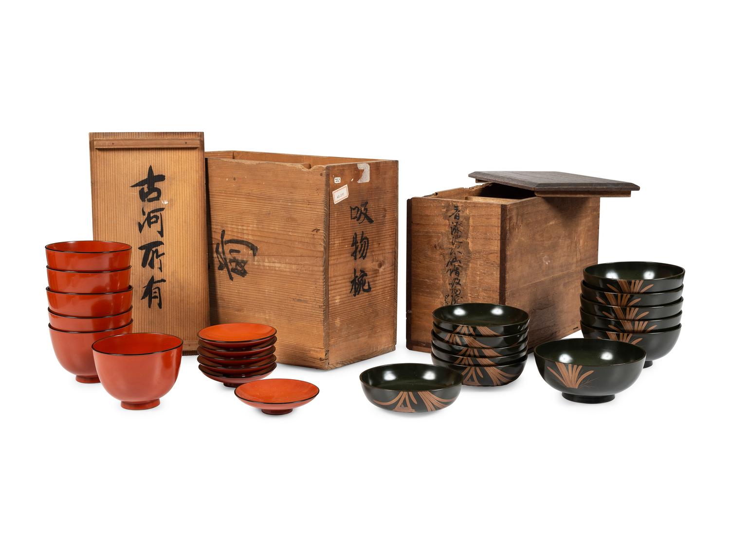 Two Sets of Japanese Lacquerware Bowls and Saucers