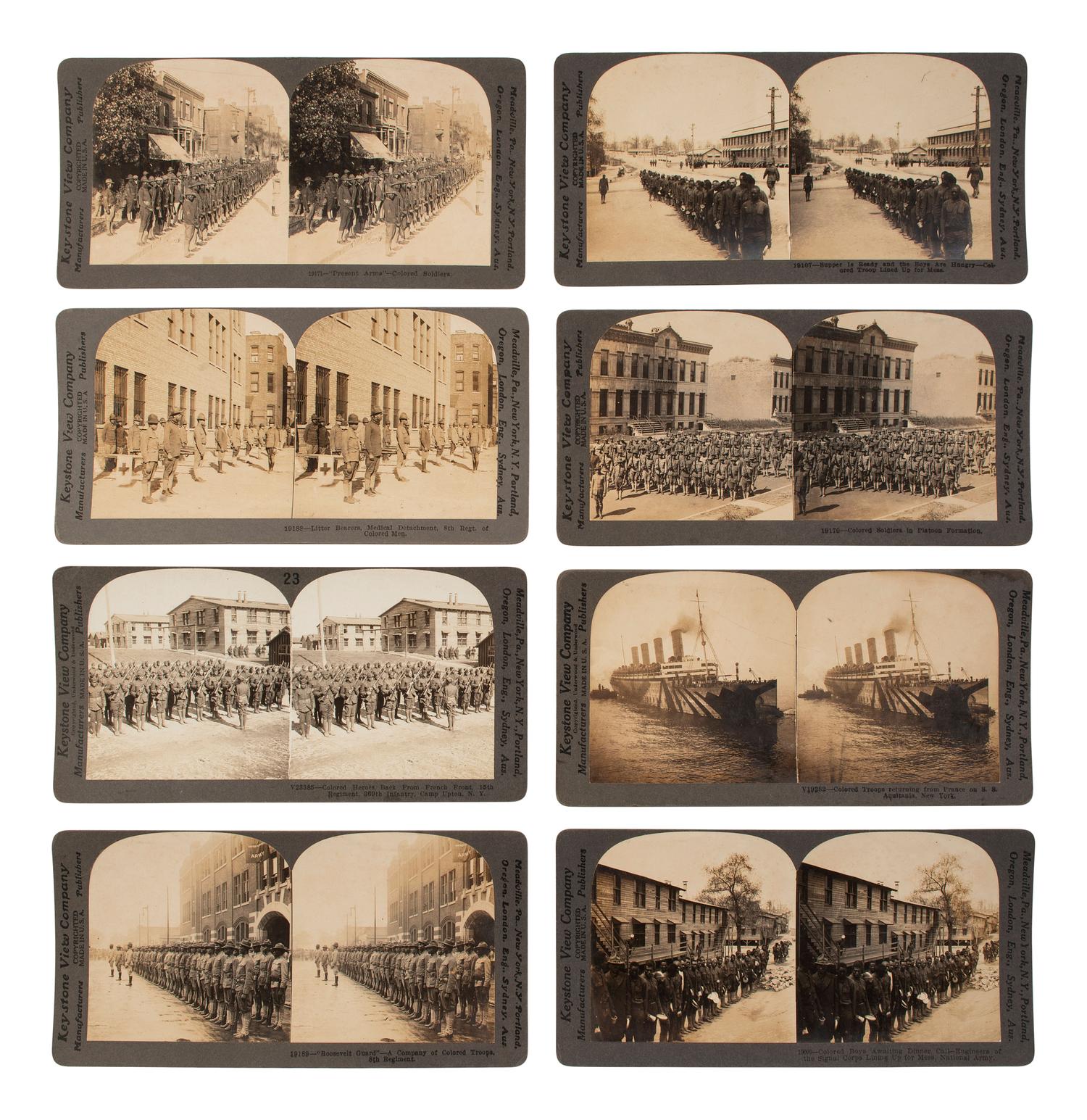 [BUFFALO SOLDIERS]. A group of 32 stereoviews of African American soldiers incl. 9th and 10th Cavalry Regiments. Ca 1890s-1900s.