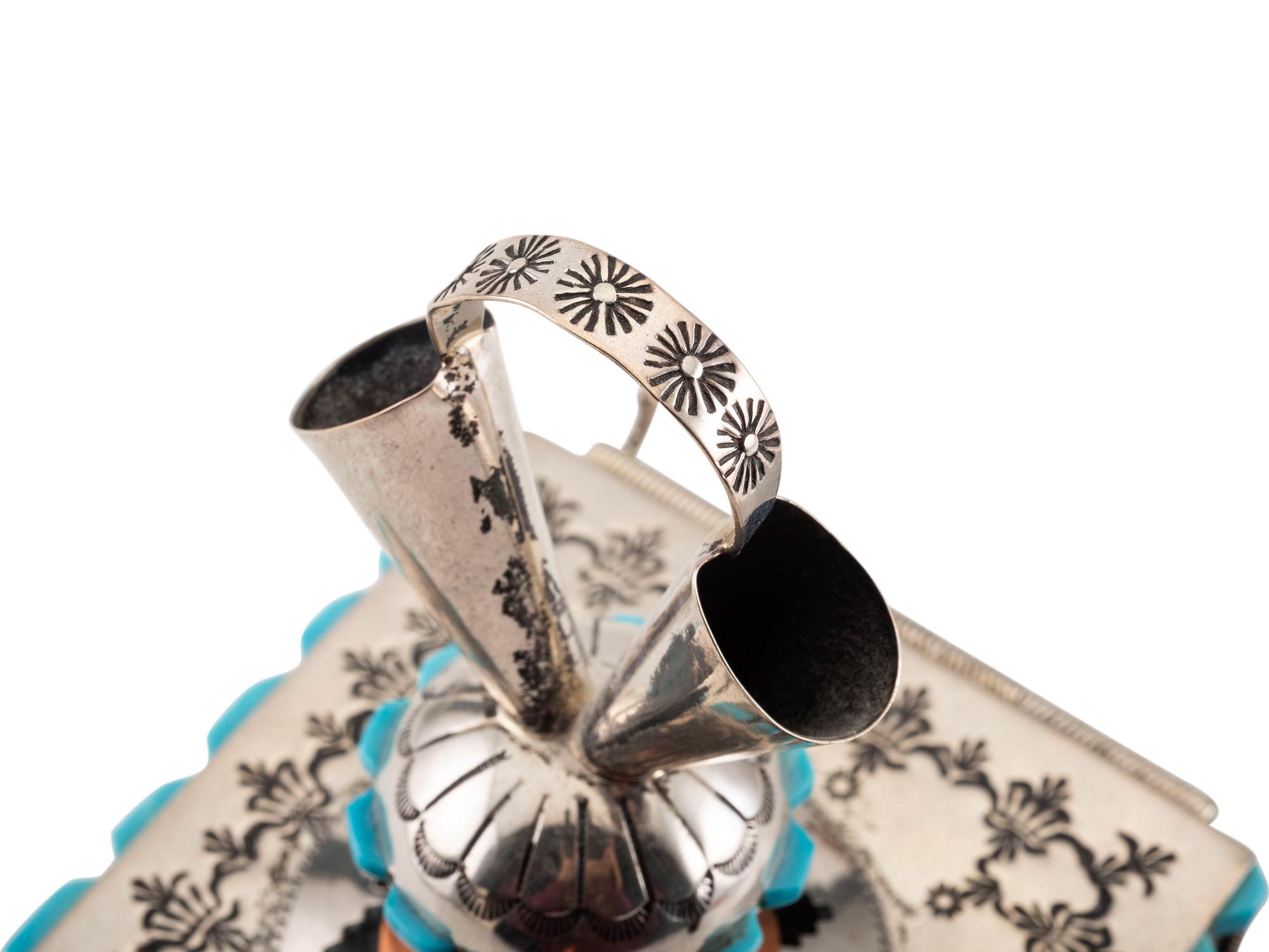 Heavily Stamped Sterling Silver Jewelry Box, Set with Turquoise