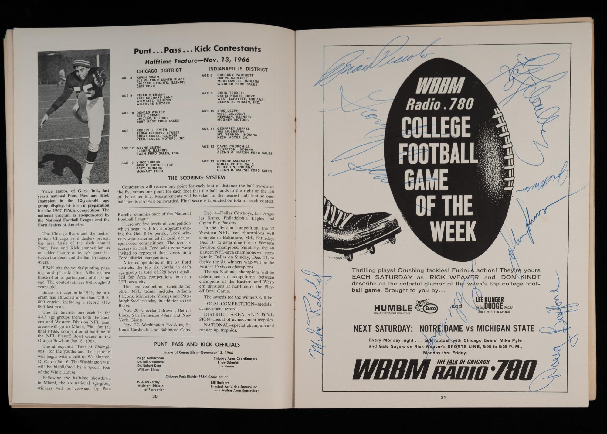 A Rare 1966 Chicago Bears vs. San Francisco 49ers Multi Signed Autograph Game Program Including Brian Piccolo (Beckett Authentication Services Signature Review),