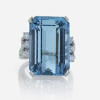 A 14K white gold, aquamarine, and diamond ring