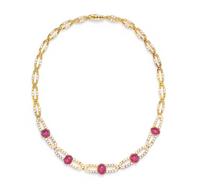 An 18 Karat Yellow Gold, Ruby and Diamond Necklace, Trio, 26.50 dwts.