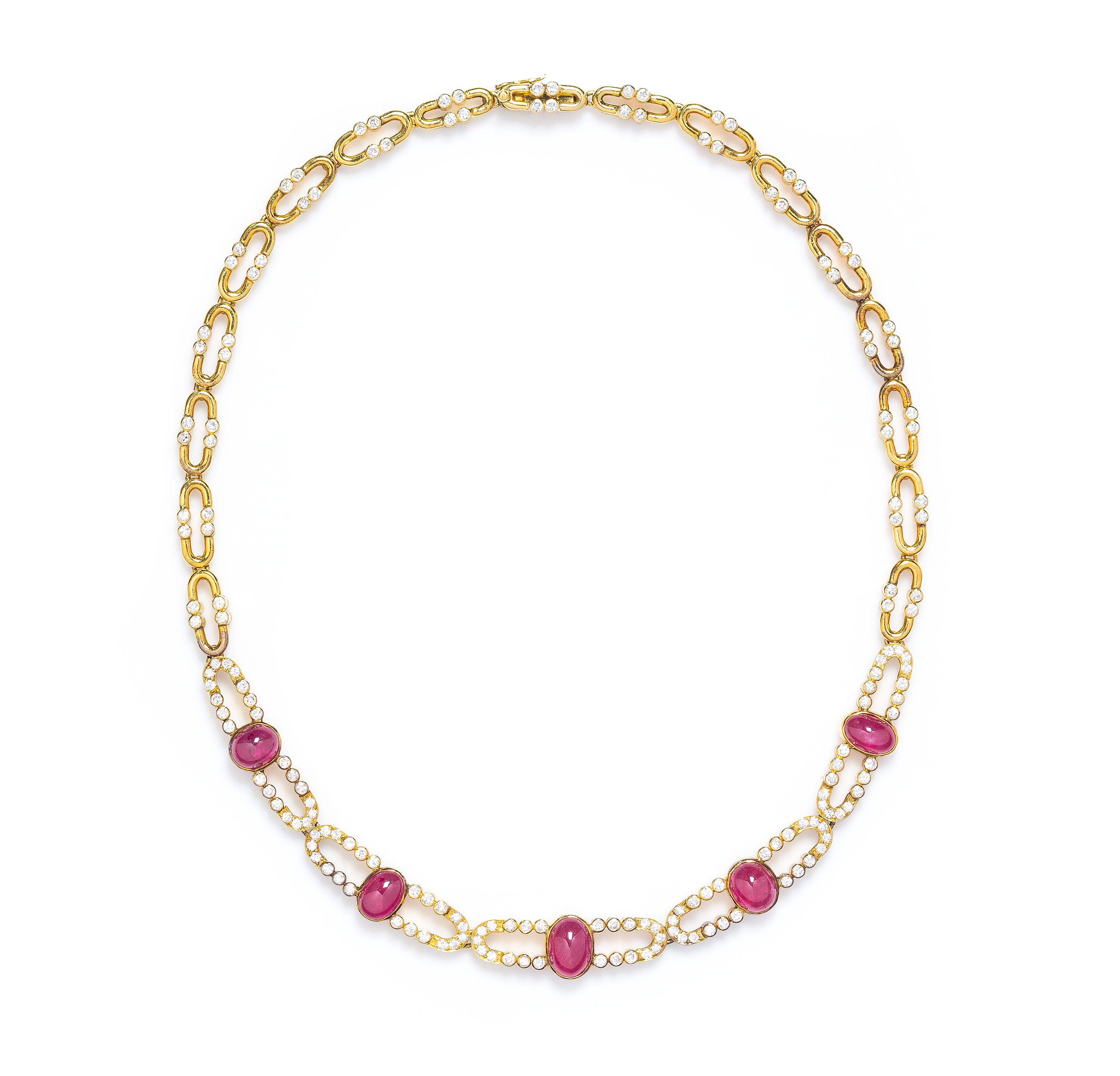 An 18 Karat Yellow Gold, Ruby and Diamond Necklace, Trio, 26.50 dwts.