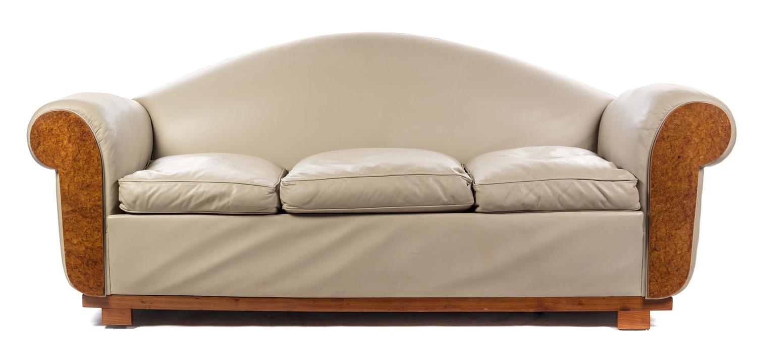A French Art Deco Burl Amboyna Sofa Height 23 x length 84 inches.