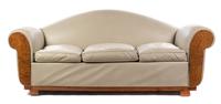 A French Art Deco Burl Amboyna Sofa Height 23 x length 84 inches.