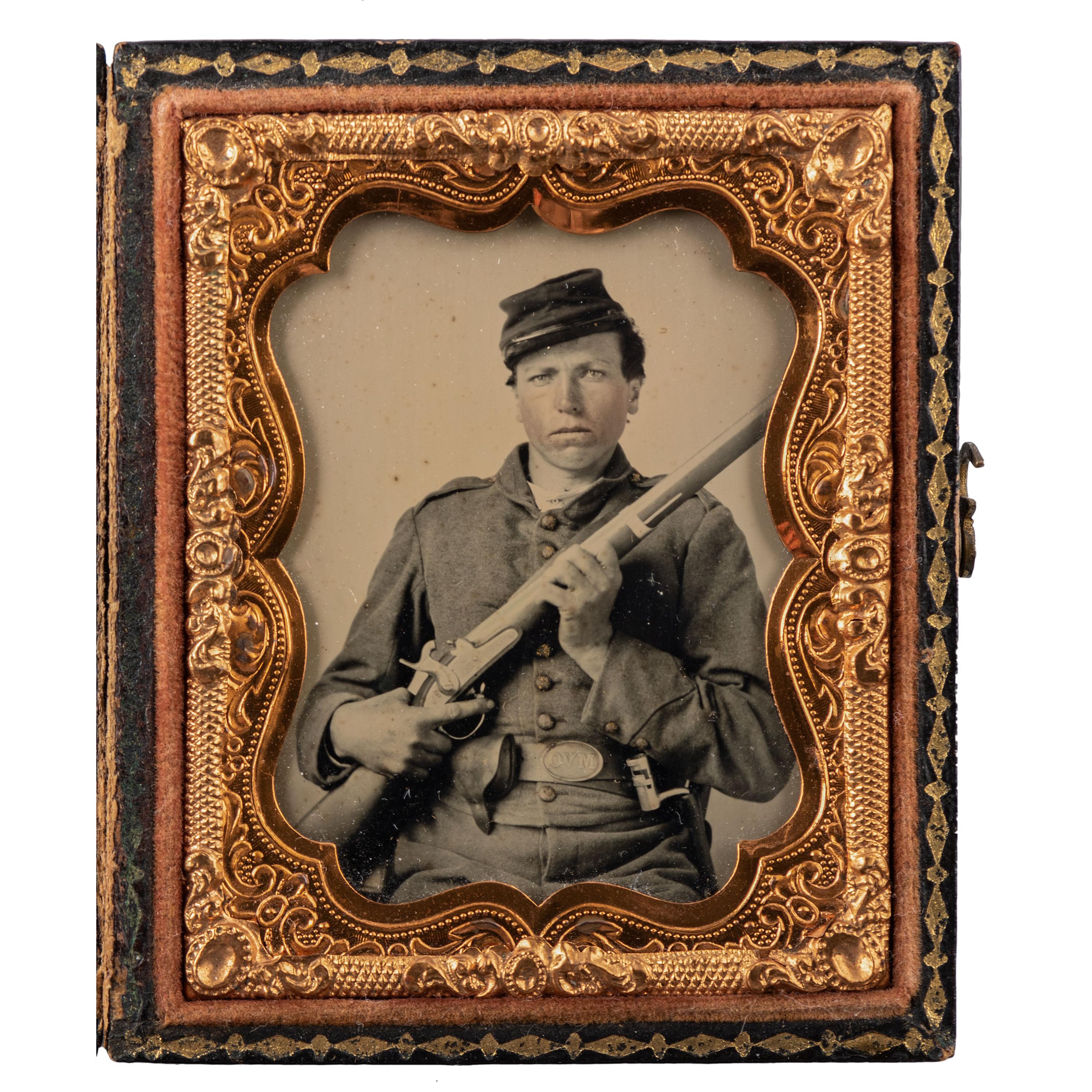 Ninth plate ambrotype of double-armed Ohio volunteer infantryman wearing "OVM" belt plate.