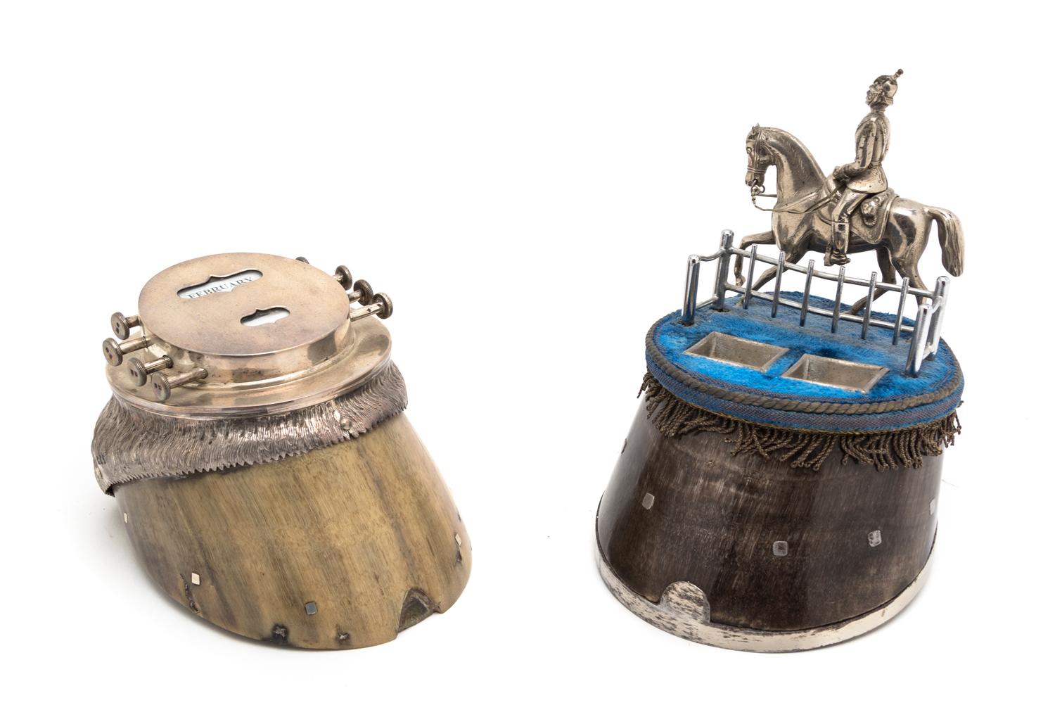 A Silverplate Mounted Hoof Encrier, Height of first overall 6 1/2 inches.