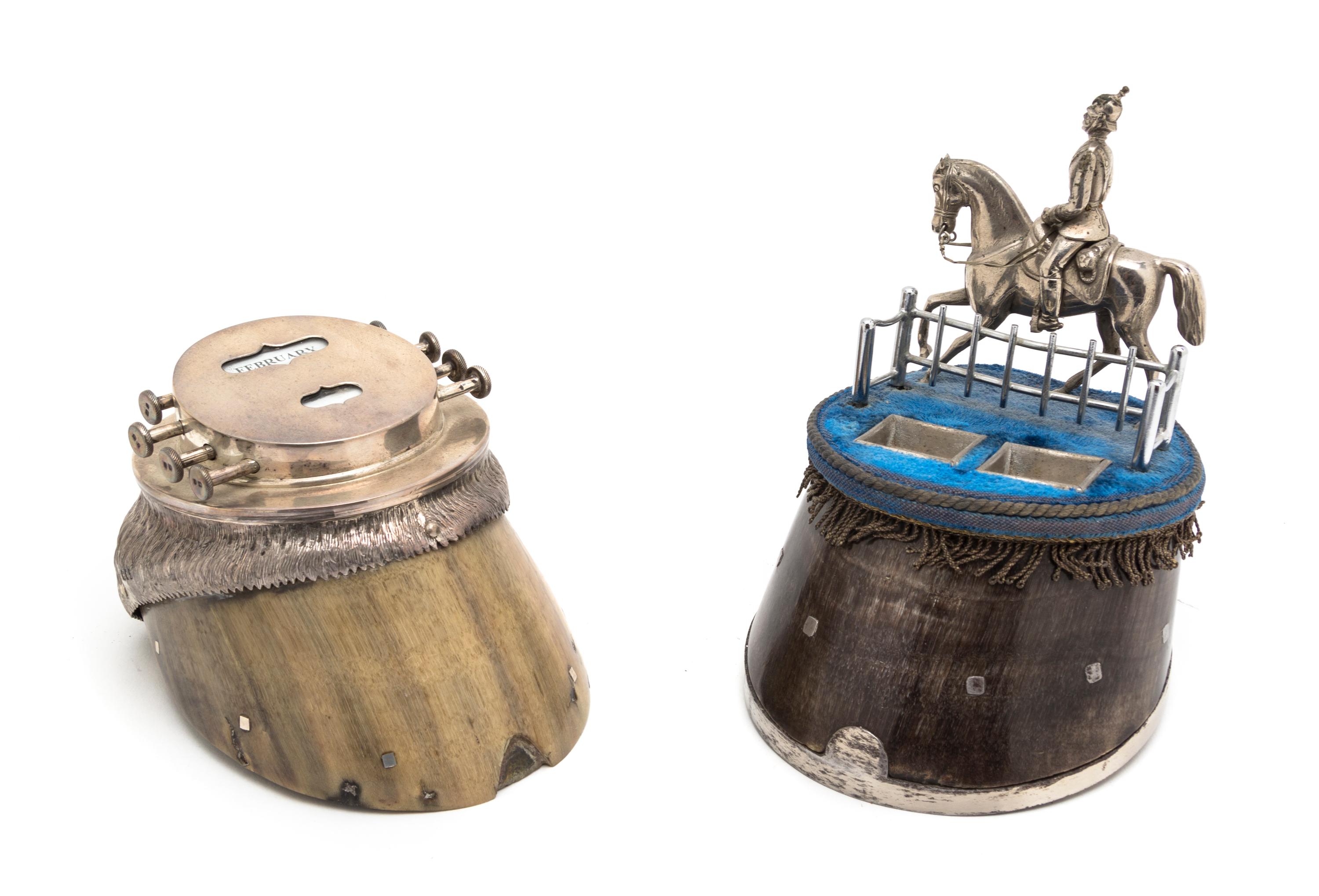 A Silverplate Mounted Hoof Encrier, Height of first overall 6 1/2 inches.