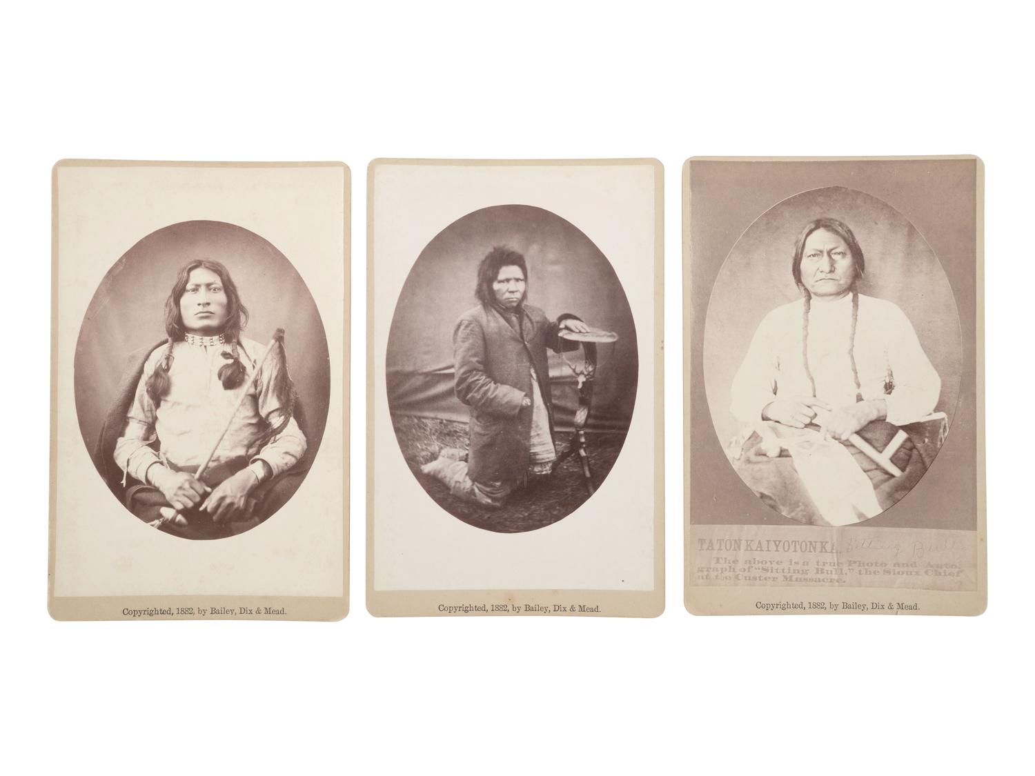 [CROSS, W.R. (1839-1907), photog.]. A group of 3 cabinet cards featuring Sitting Bull, Steps, and One Bull. Fort Randall, Dakota Territory: Bailey, Dix, and Mead, 1882.
