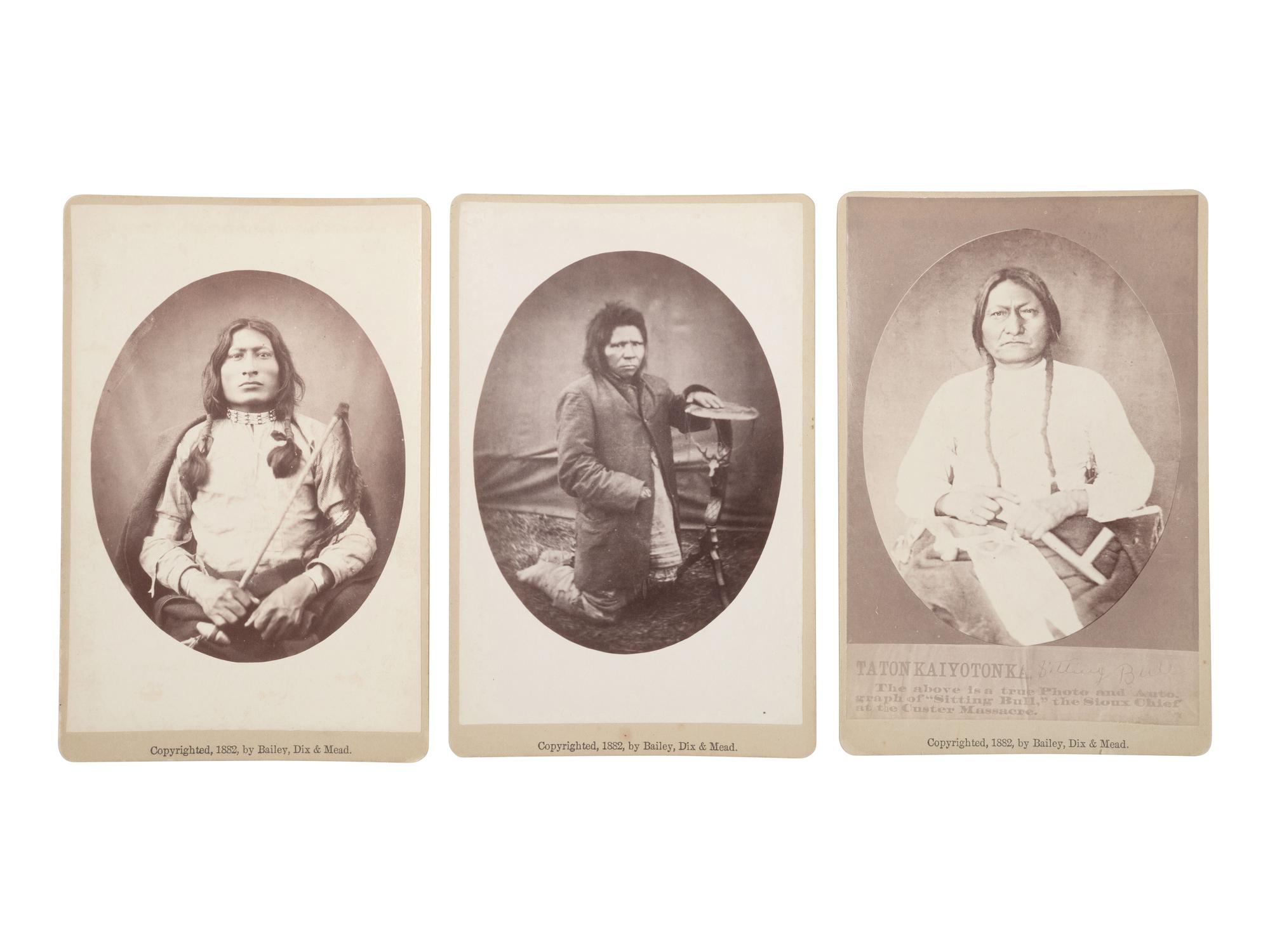 [CROSS, W.R. (1839-1907), photog.]. A group of 3 cabinet cards featuring Sitting Bull, Steps, and One Bull. Fort Randall, Dakota Territory: Bailey, Dix, and Mead, 1882.