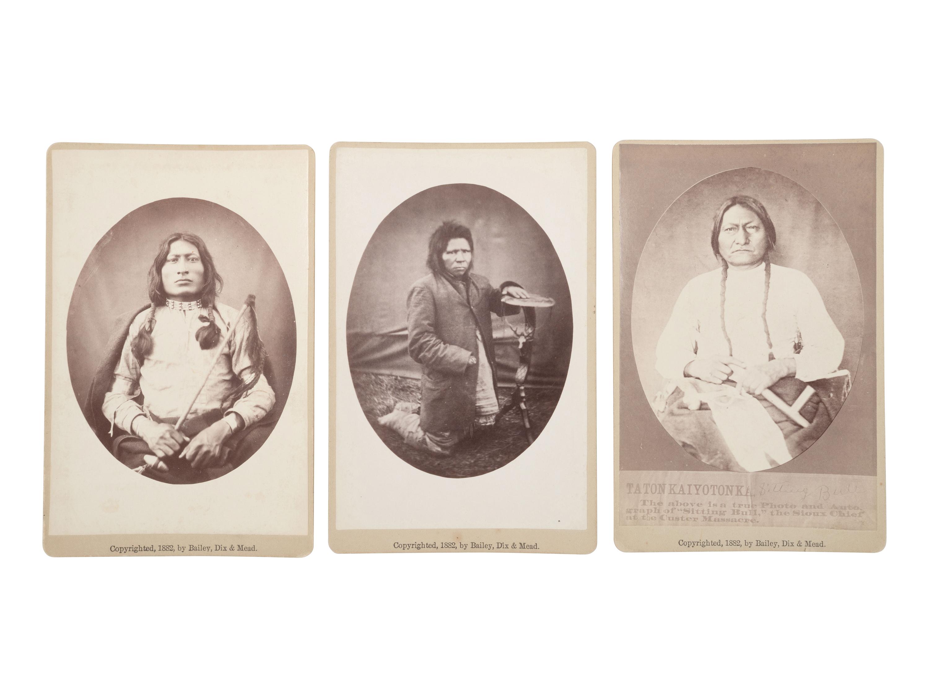 [CROSS, W.R. (1839-1907), photog.]. A group of 3 cabinet cards featuring Sitting Bull, Steps, and One Bull. Fort Randall, Dakota Territory: Bailey, Dix, and Mead, 1882.