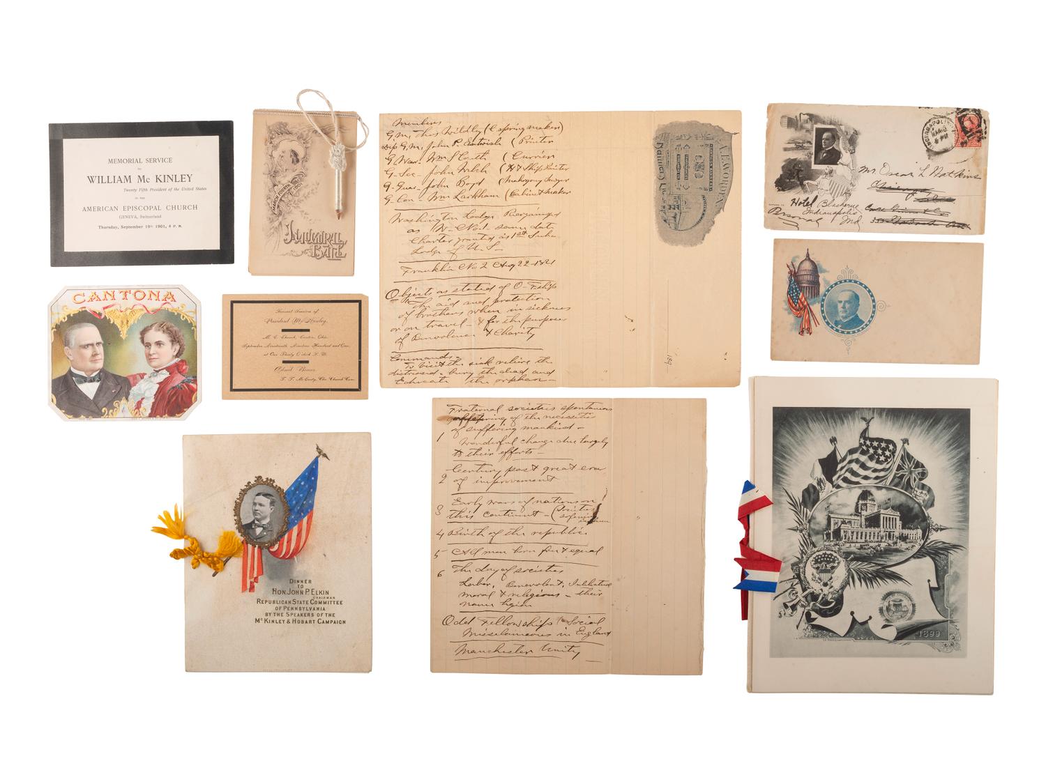 McKINLEY, William (1843-1901). A group of broadsides, glasses, textiles, and other ephemera related to the 1896 and 1900 presidential campaigns of William McKinley.