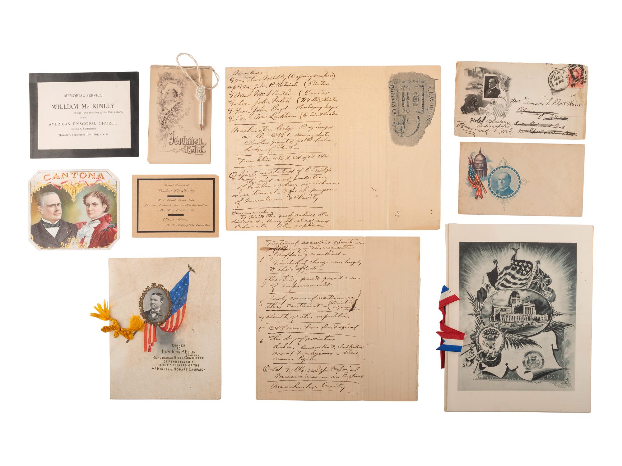 McKINLEY, William (1843-1901). A group of broadsides, glasses, textiles, and other ephemera related to the 1896 and 1900 presidential campaigns of William McKinley.