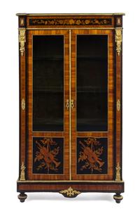 A Louis XVI Style Gilt Bronze Mounted Fruitwood and Marquetry Vitrine Cabinet Height 61 1/2 x width 35 x depth 13 1/4 inches. — 19TH CENTURY