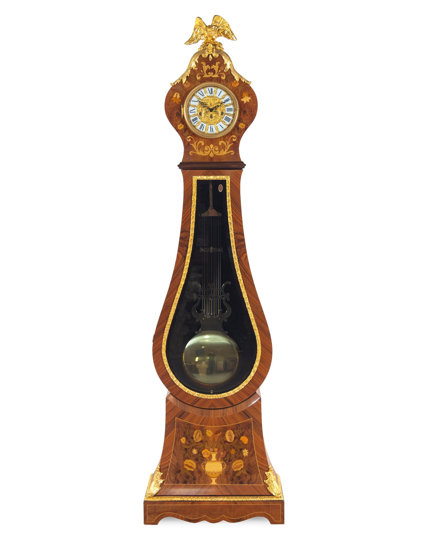 An Italian Gilt Metal Mounted Marquetry Tall Case Clock