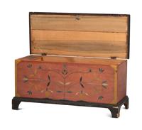 A Chippendale Red and Polychrome Paint-Decorated Poplar and Pine Blanket Chest