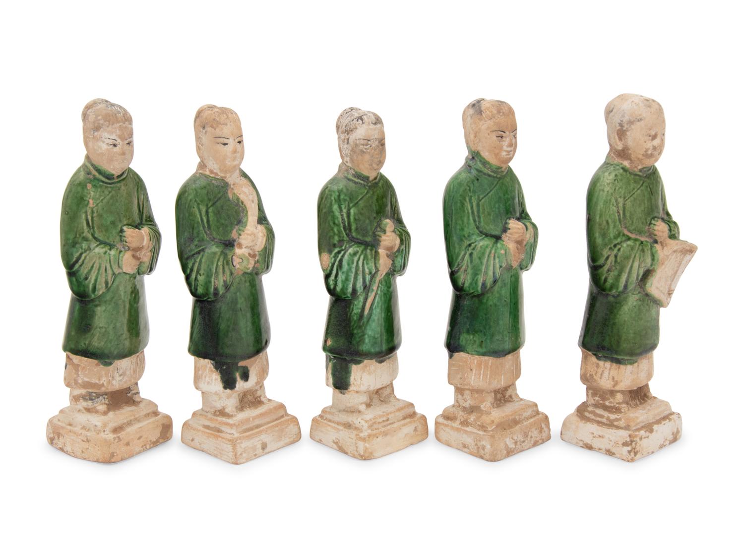 A Set of Five Chinese Green Glazed Porcelain Figures