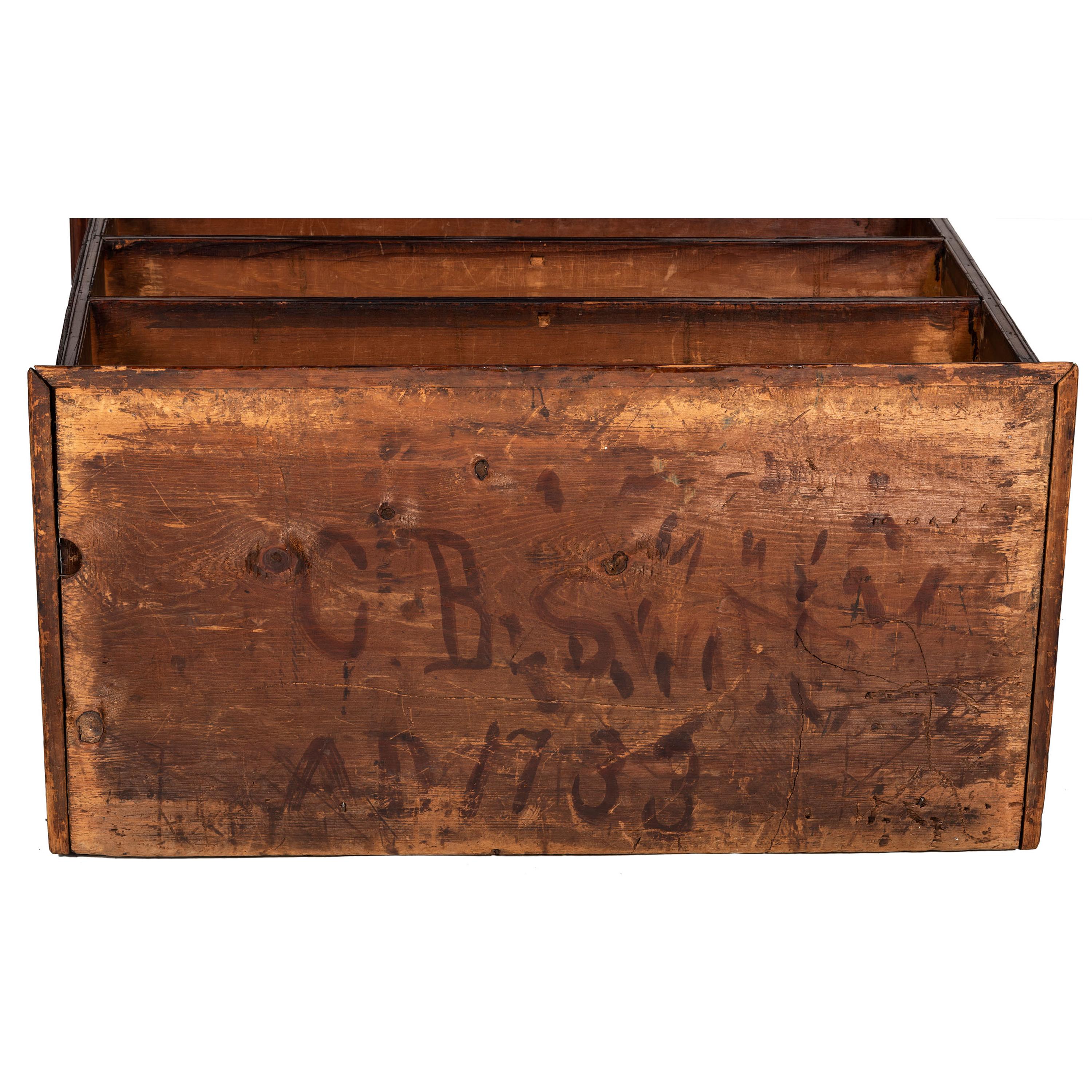 A Queen Anne Cherrywood and Maple Flat Top High Chest with Cornice Drawer