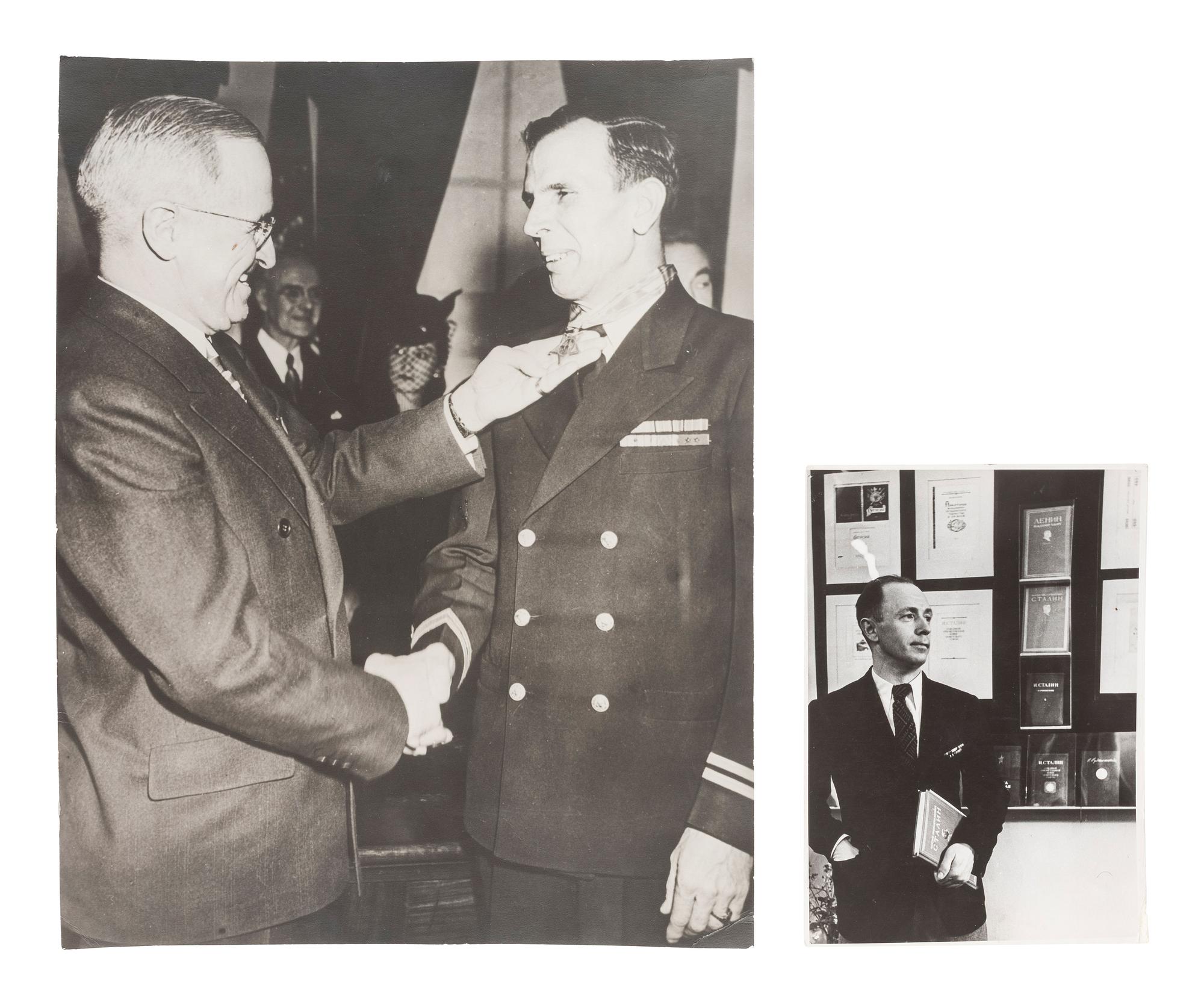 [WW2]. 2 photographs, incl. President Truman presents Medal of Honor to Lt. Donald A. Gary , 1961.