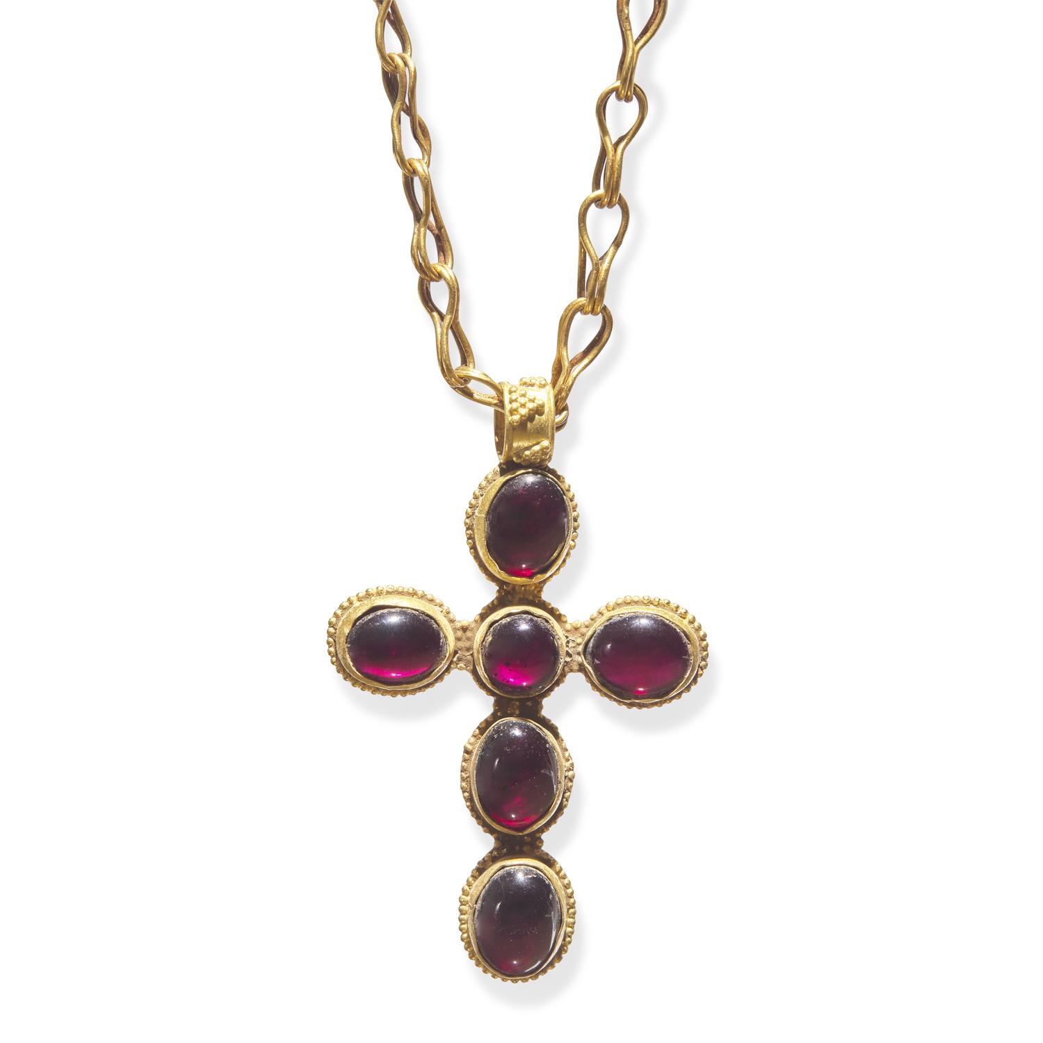 A Byzantine Revival Gold and Garnet Cross — with an ancient gold chain