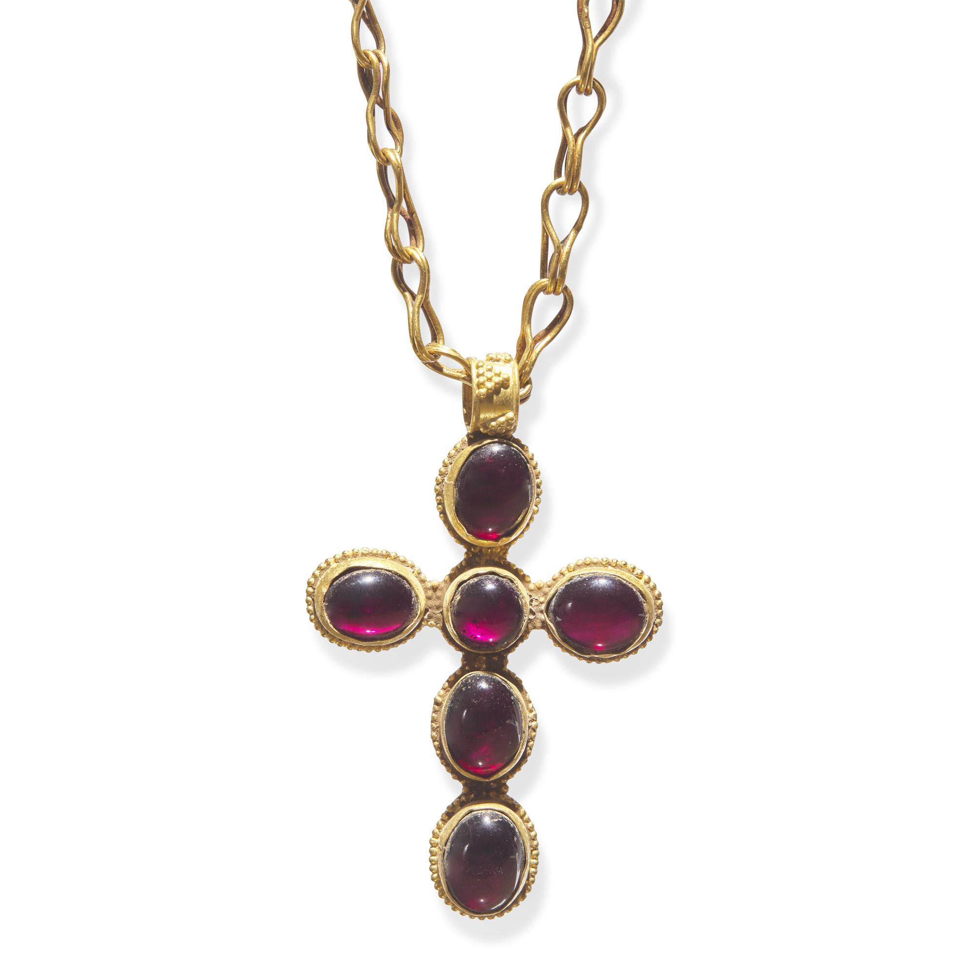 A Byzantine Revival Gold and Garnet Cross — with an ancient gold chain
