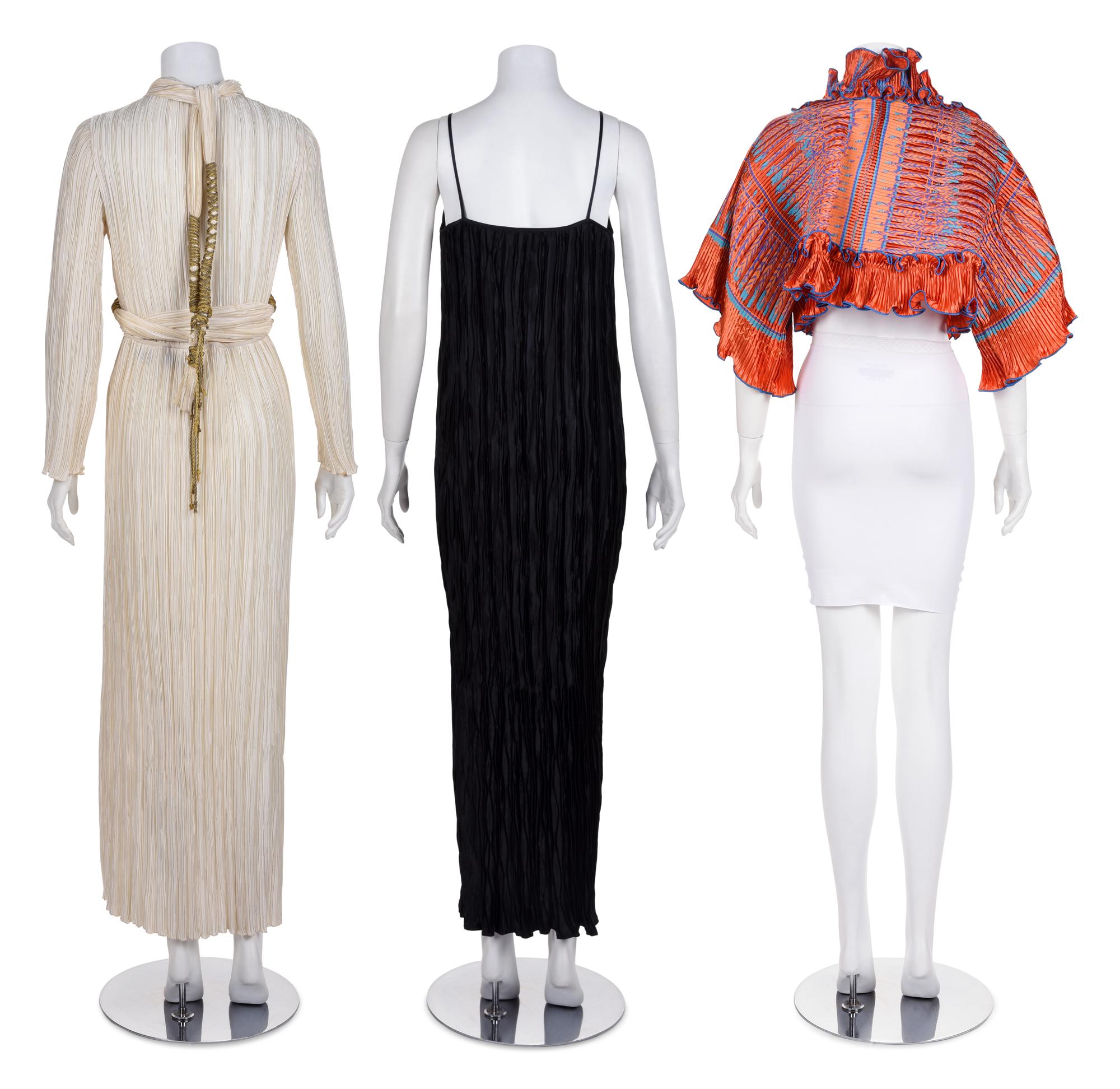 Three Pleated Items: One Zandra Rhodes Bolero and Dress, and One Mary McFadden Dress with Belt, 1980s