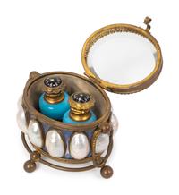 A Bronze, Mother-of-Pearl Inset and Blue Opaline Glass Scent Bottle Caddy — 19TH CENTURY