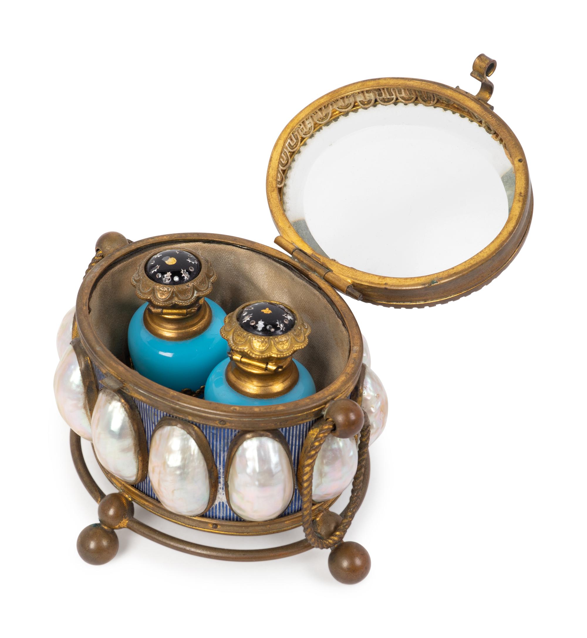 A Bronze, Mother-of-Pearl Inset and Blue Opaline Glass Scent Bottle Caddy — 19TH CENTURY