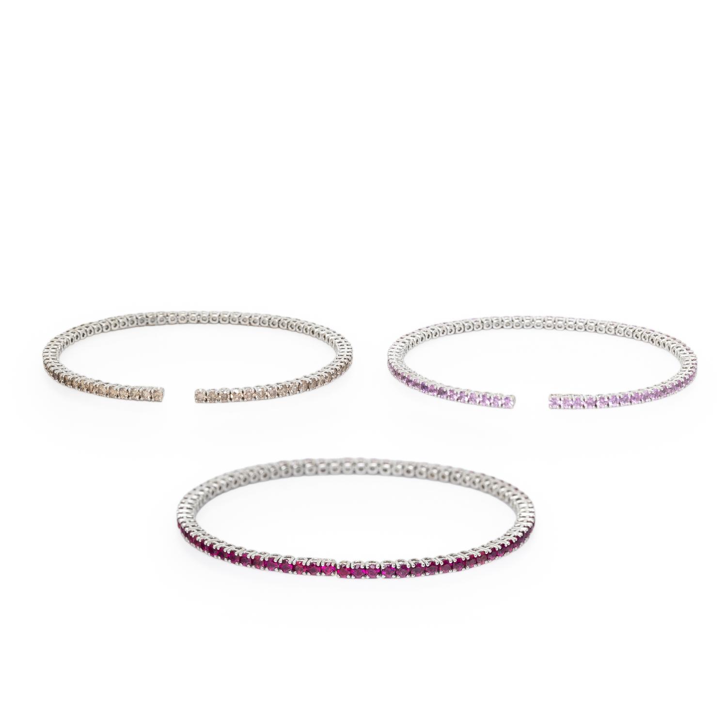 SET OF WHITE GOLD AND GEMSTONE FLEXIBLE STACKING CUFF BRACELETS