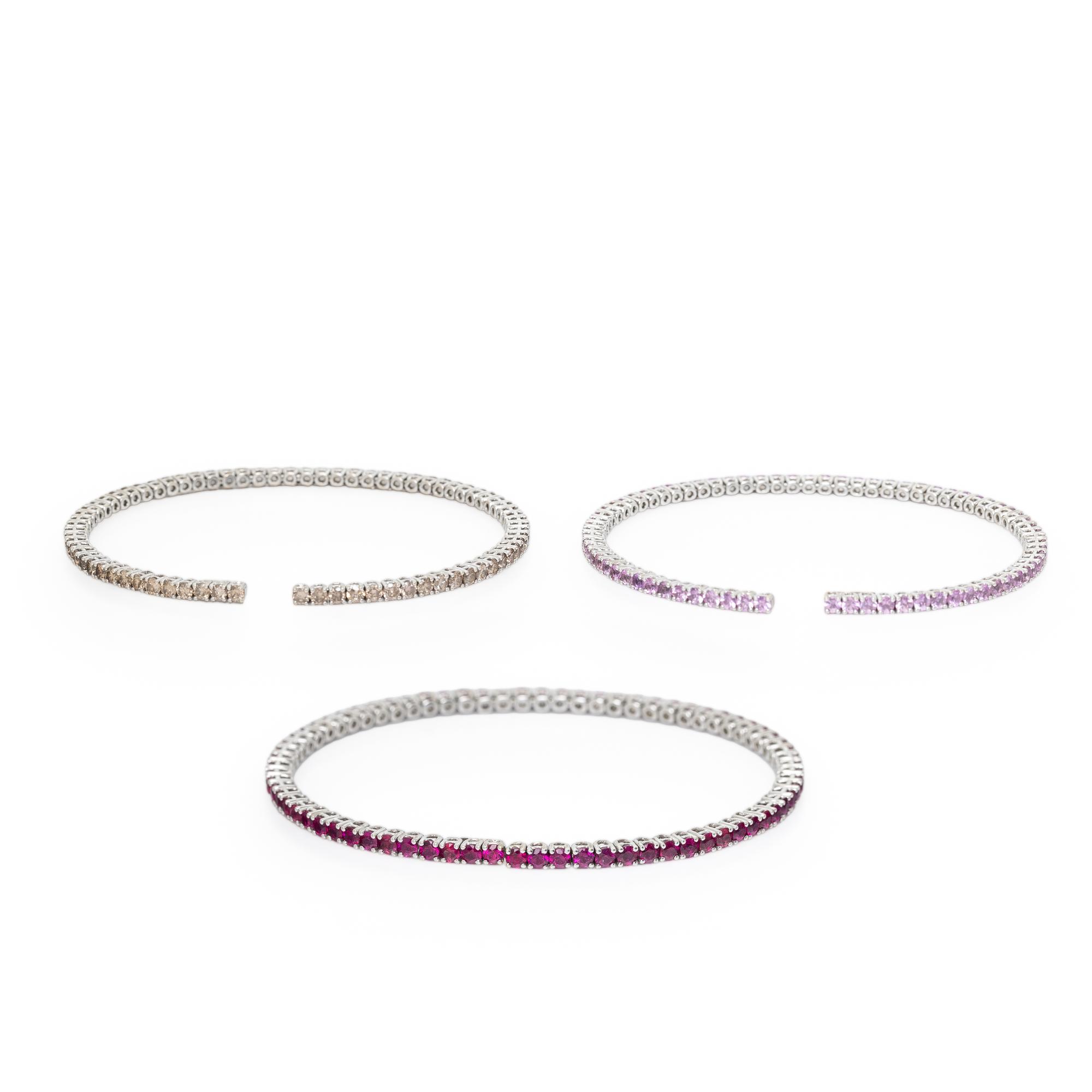 SET OF WHITE GOLD AND GEMSTONE FLEXIBLE STACKING CUFF BRACELETS