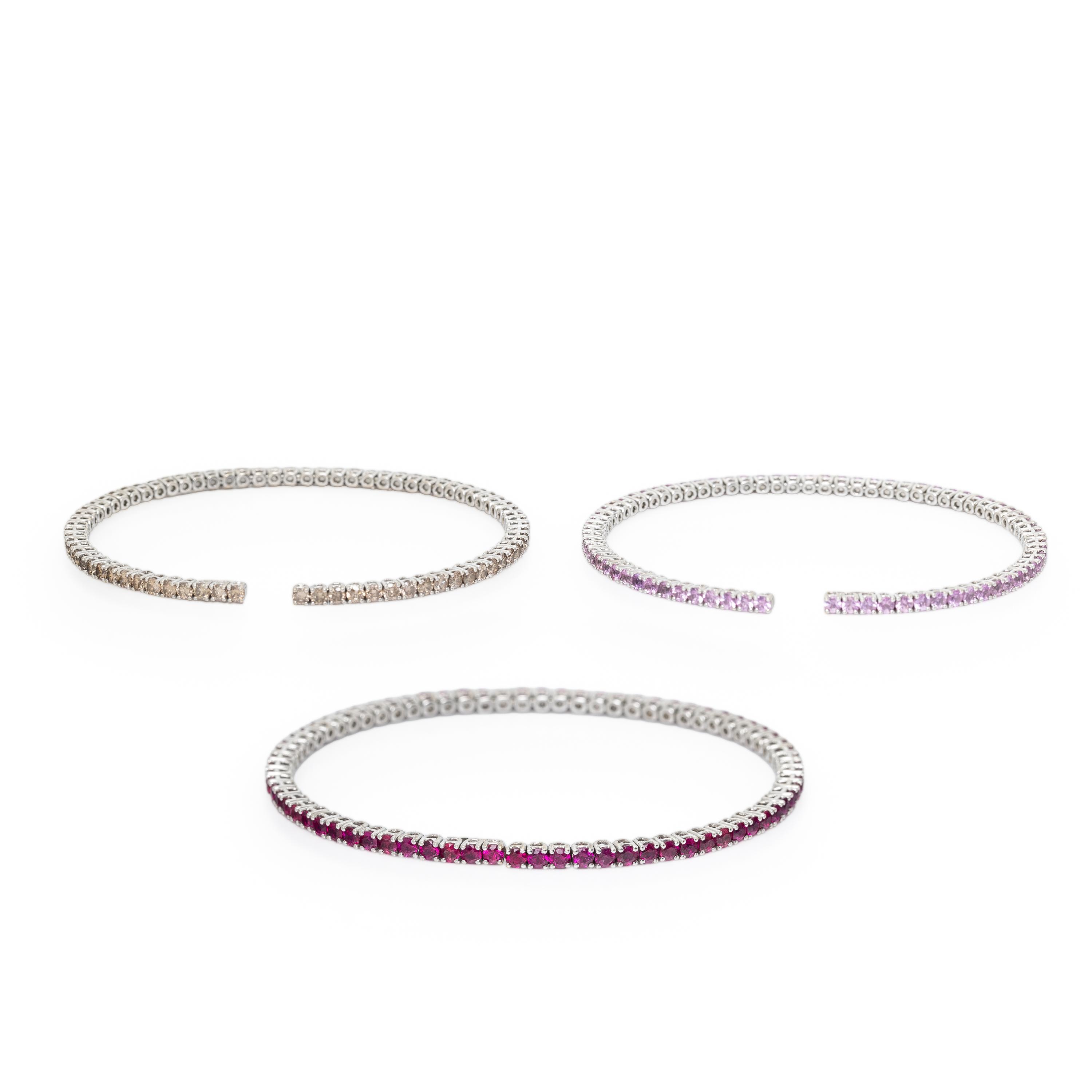 SET OF WHITE GOLD AND GEMSTONE FLEXIBLE STACKING CUFF BRACELETS