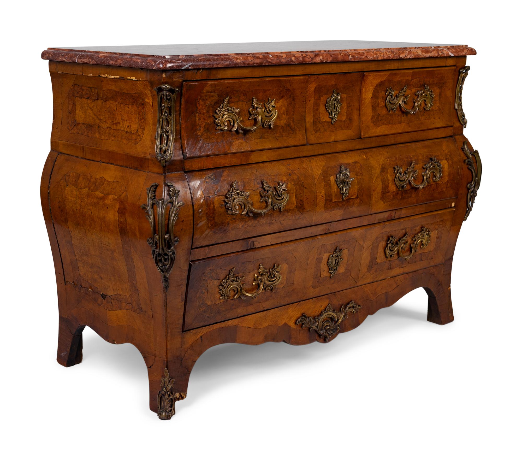 A Regence Style Gilt Bronze Mounted Marquetry Walnut Rouge Marble Top Commode en Tombeau — 19TH CENTURY