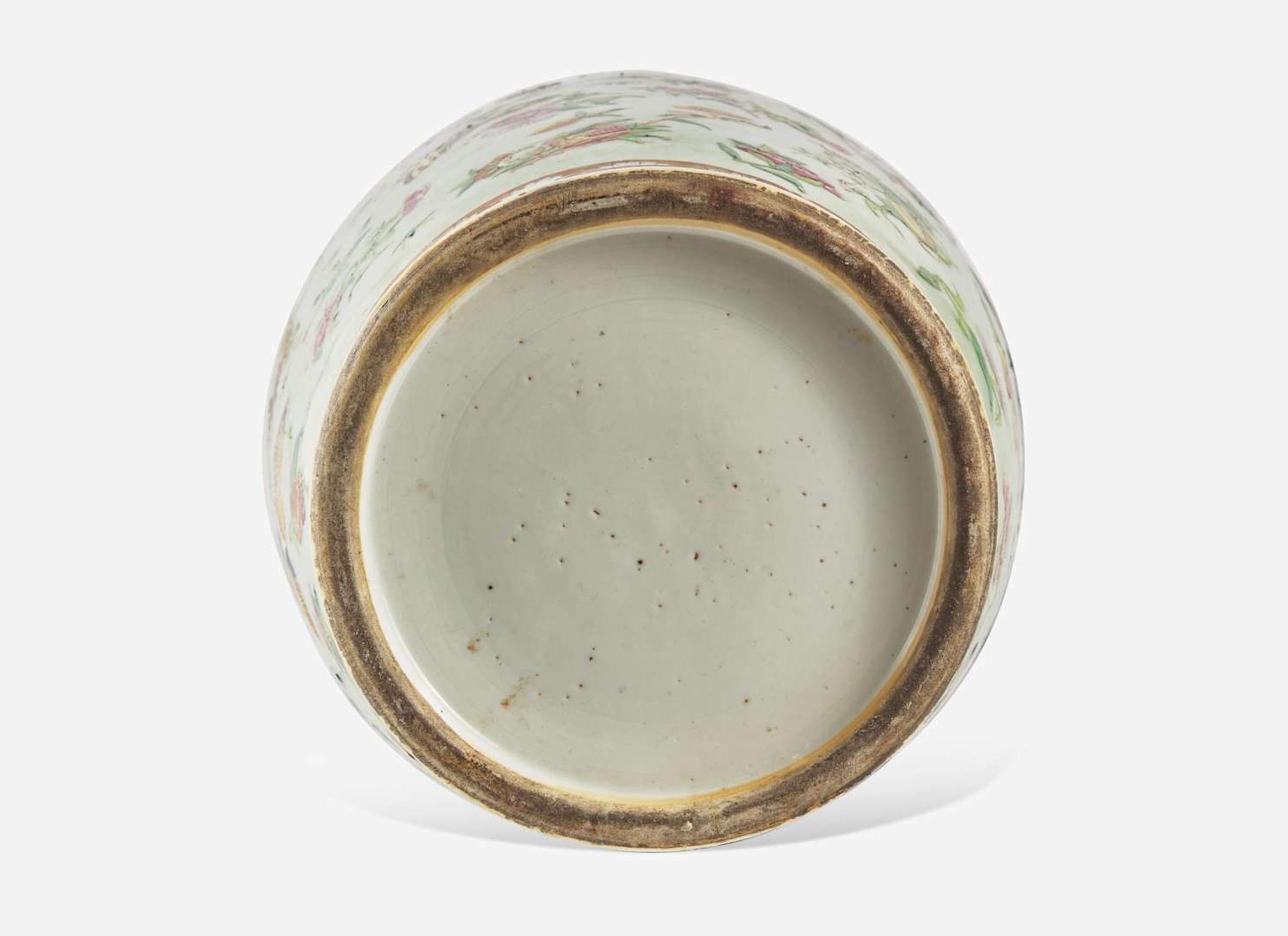 A Chinese famille-rose decorated molded celadon ground vase, 19th century 粉青地粉彩模印貫耳瓶 十九世紀