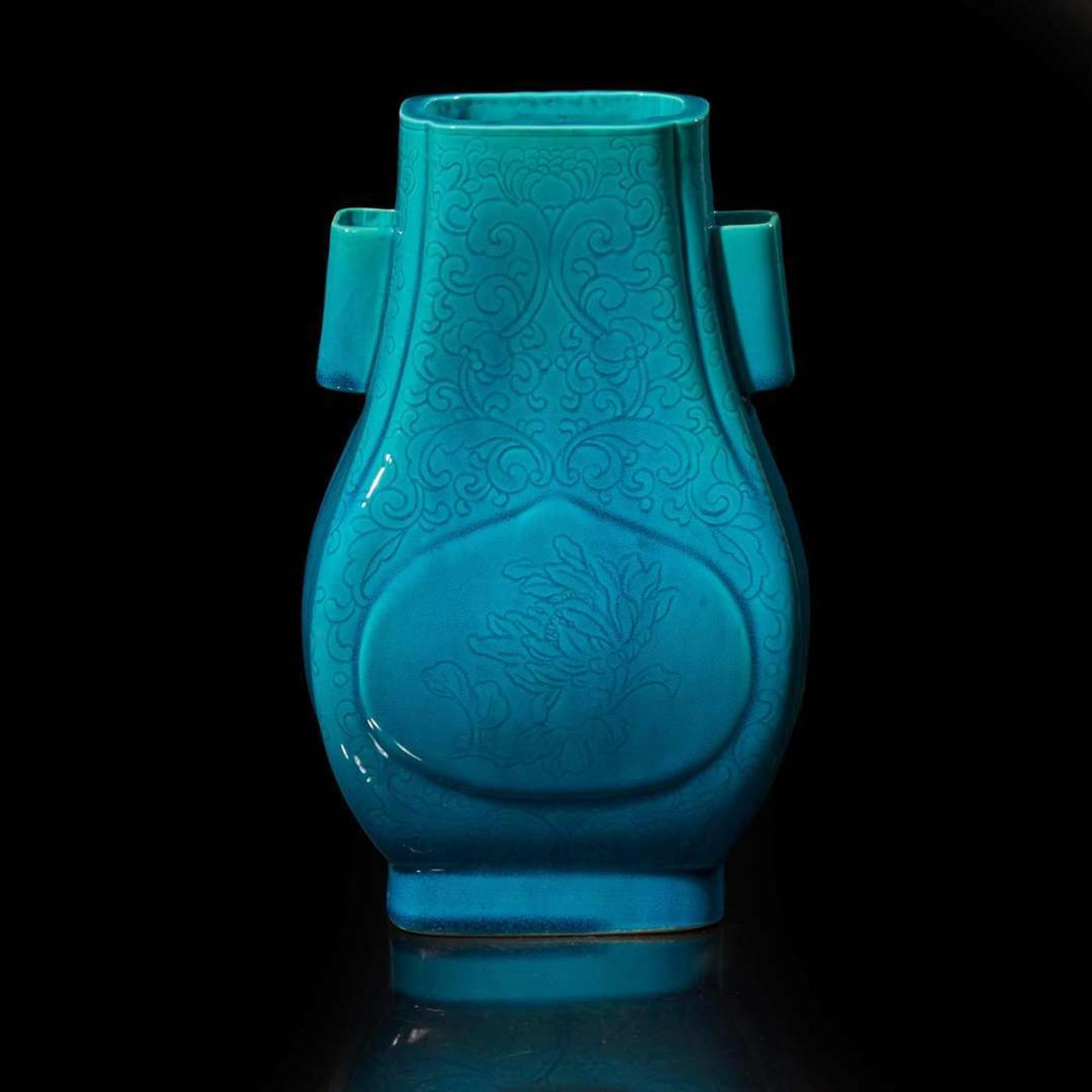 A Chinese turquoise-glazed floral-incised porcelain vase, Fang Hu 松石綠地暗花方壺 Possibly Guangxu period ?????