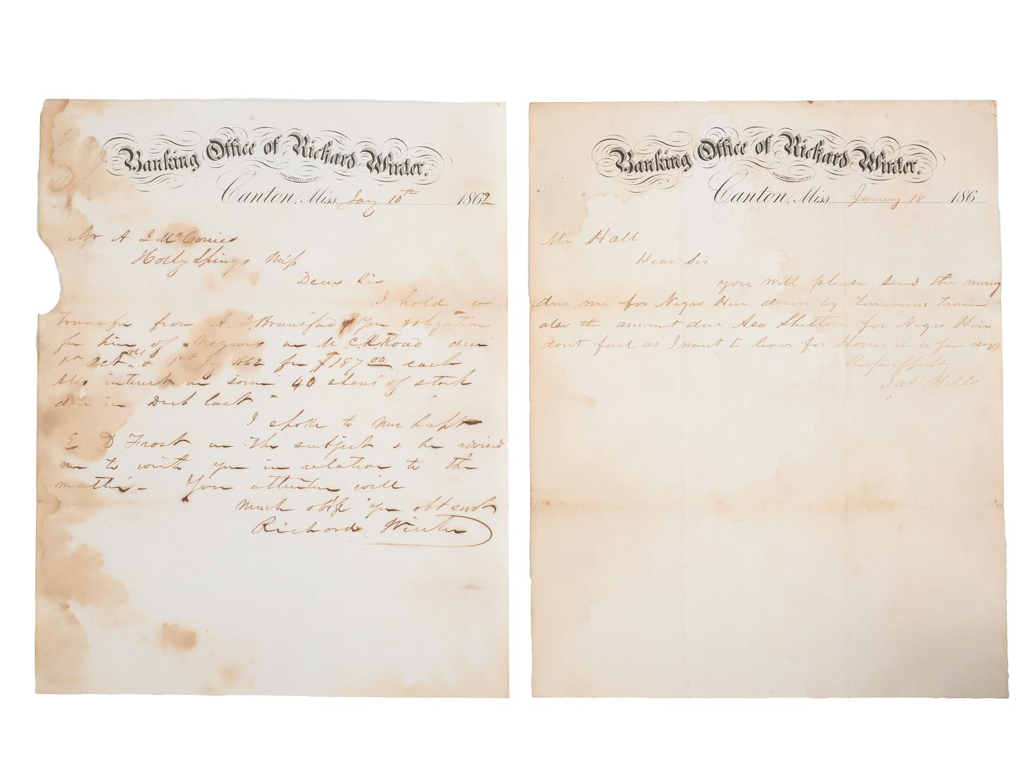 [CIVIL WAR]. A group of 2 letters discussing hiring African Americans on the Mississippi Central Railroad. Canton, MS, 1860s.
